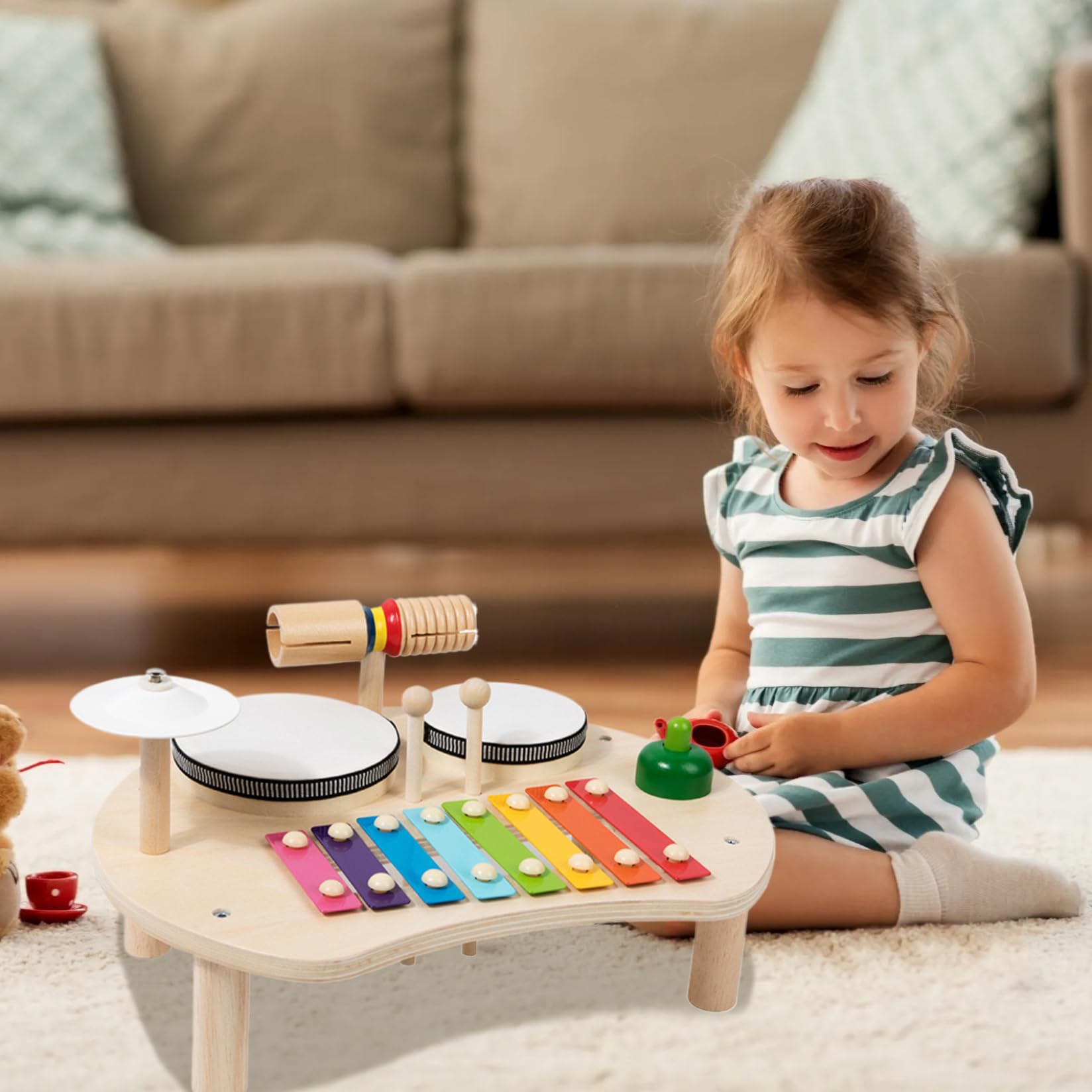 Set di tamburi per bambini Giocattoli musicali per bambini in legno con slot di archiviazione 5 in 1 Giochi di strumenti musicali per illuminanti sicuri per .