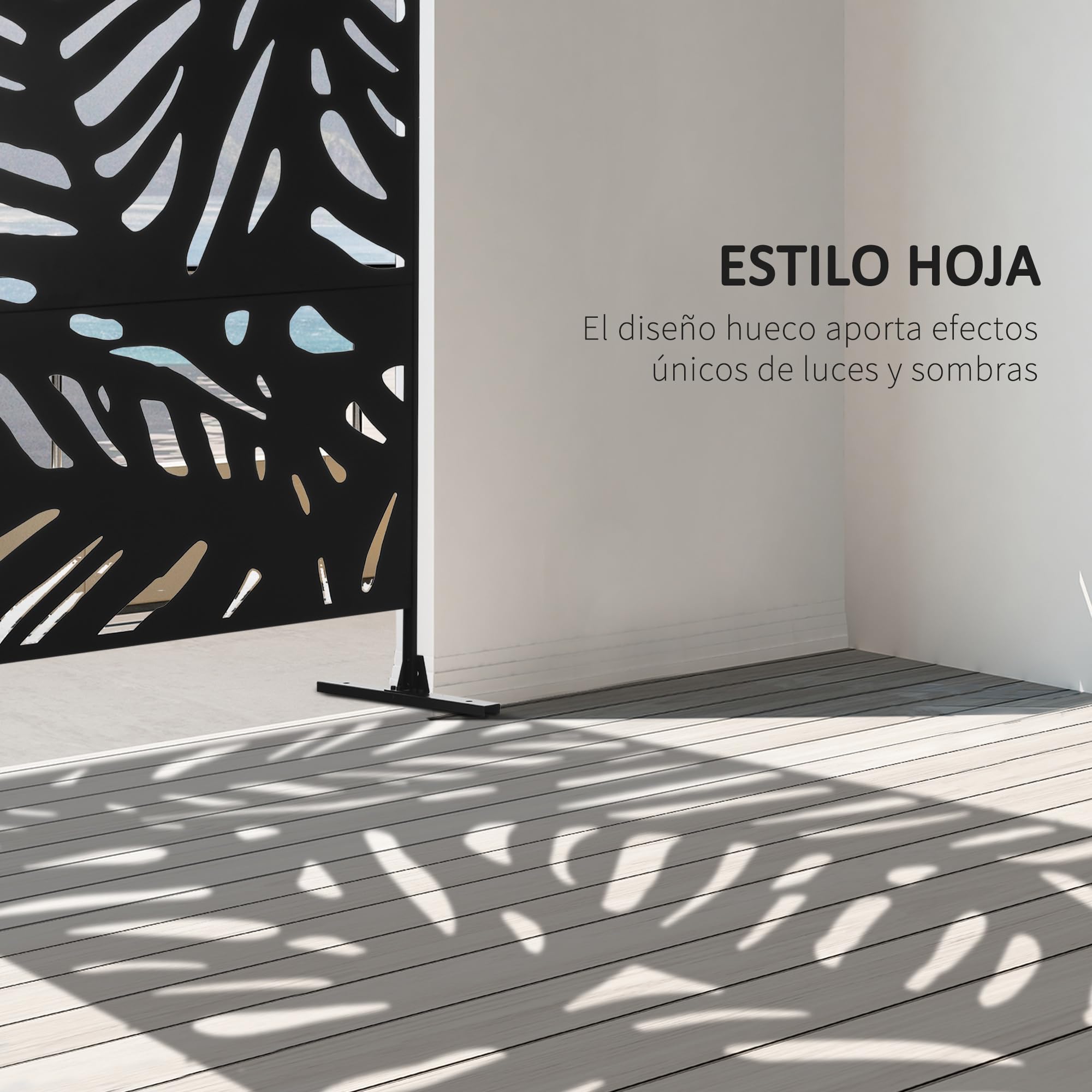 Outsunny Biombo de 3 Paneles Exterior con Soporte 122x198 cm Negro | Biombo Separador de Ambientes, Tornillos de Expansión, Diseño de Hojas, Jardín, Patio, Terraza