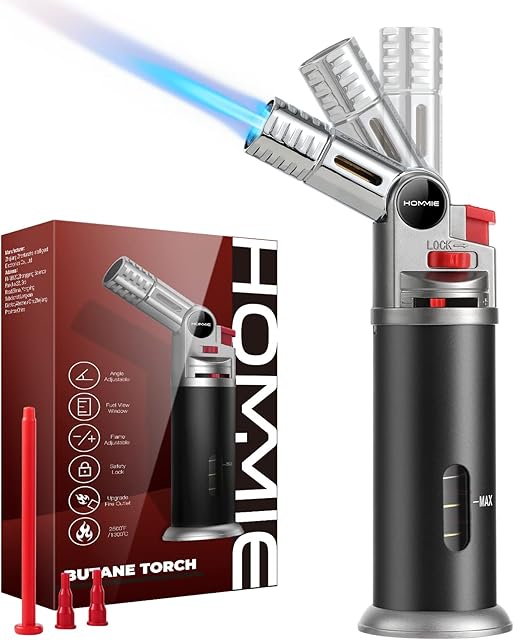 Hommie Blow Torch with Rotatable Head, Fits All Butane Tanks Refillable Kitchen Blow Torch Lighter with Fuel Gauge, Safety Lock for Cooking, BBQ, Baking, Brulee Creme, Soldering(Butane Not Included)