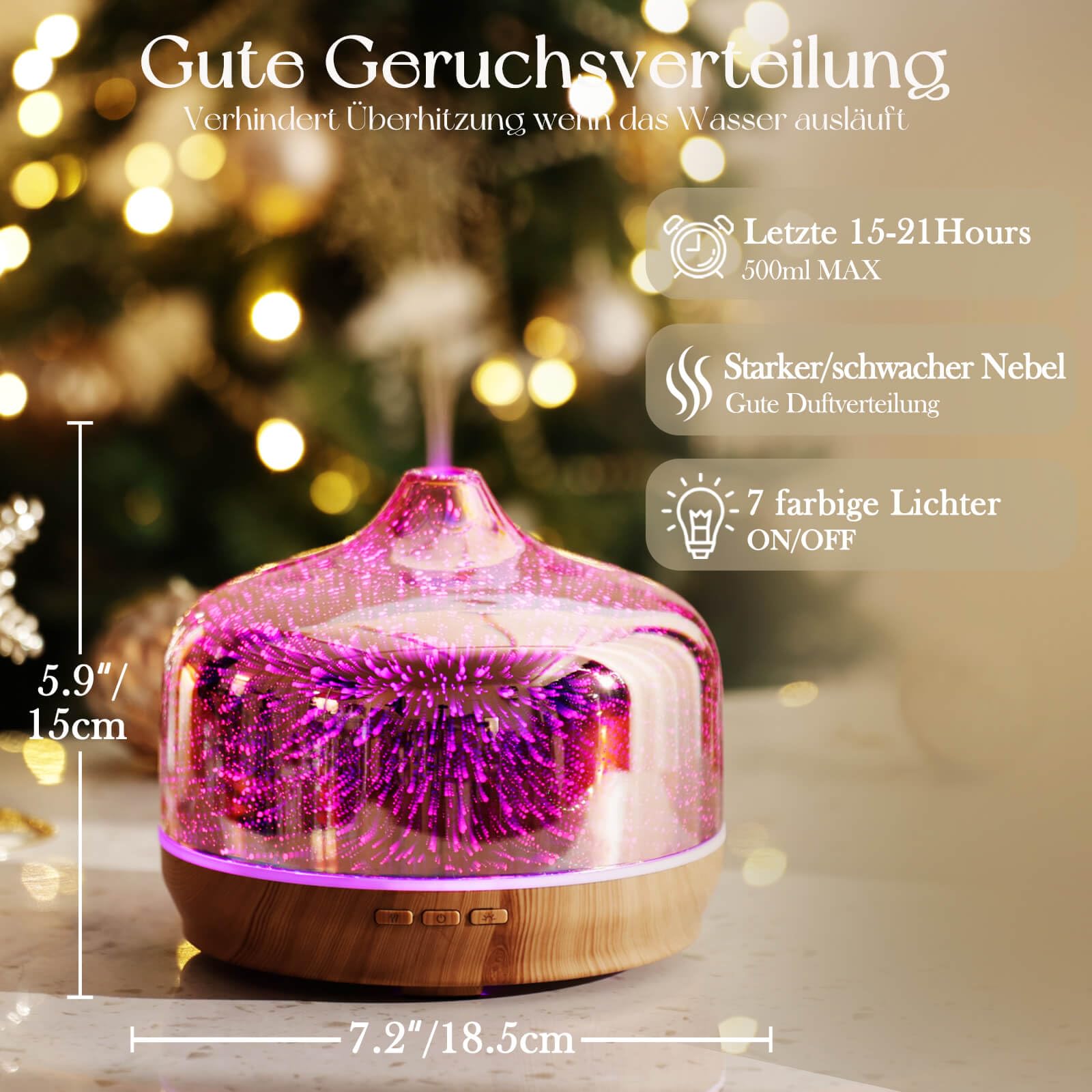 Porseme Aroma Diffuser 500ml,Handgeblasen Glas Luftbefeuchter,Ultraschall Aromatherapie Öle Diffusor mit 7 Farben LED Licht,Diffusor für Ätherische Öle Hält 15-21 Stunden,Leise für Wohnung (Rosegold)