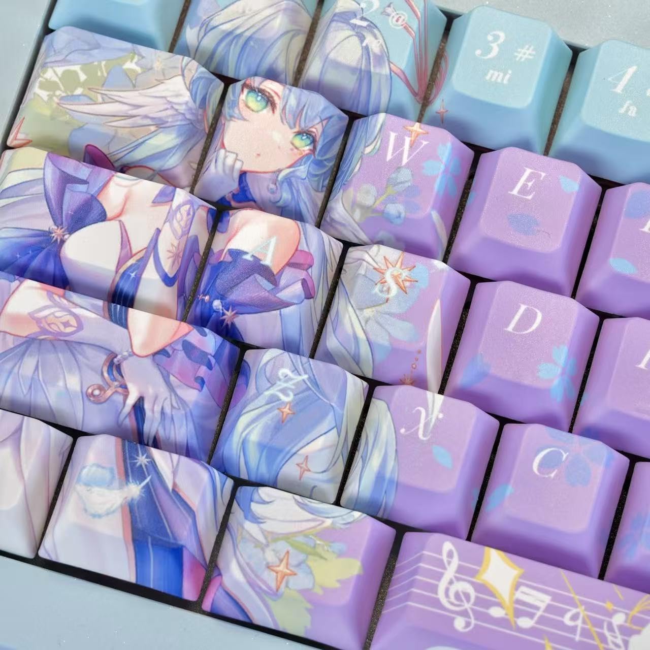 Japanese Anime Keycaps, Cherry Profile PBT Keycap 130 Keys, Blue and Purple Custom Key Cap Dye-Sub Manga Key Caps Set for 60% 65% 75% 100% Gateron Mechanical Keyboard