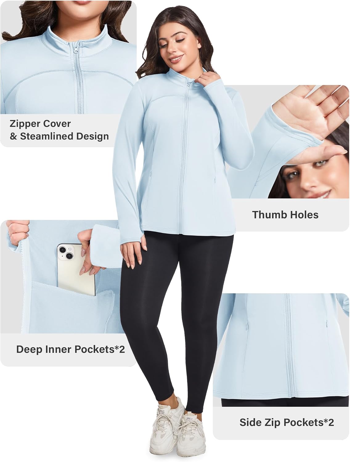 FOREYOND Plus Size Jackets for Women Athletic Workout Running Jacket Full Zip up Lightweight Yoga Tops with Thumb Holes - Image 4