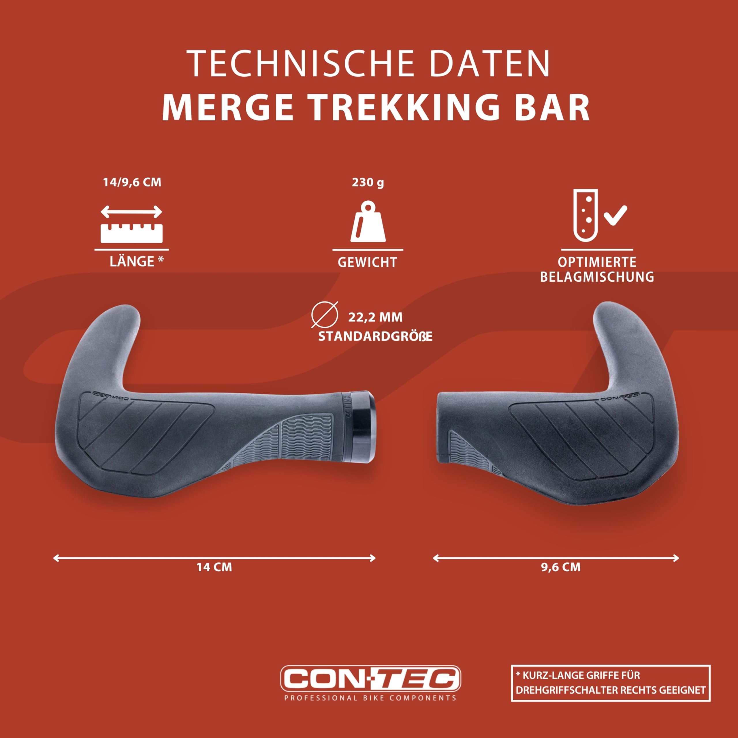 CONTEC Fahrrad-Griffe Merge Trekking Bar, Ergonomisch, stoßdämpfend, Gummi, Schwarz, 96/140 mm, Lenker, Radfahren, Trekking, MTB, schwarz, Paar