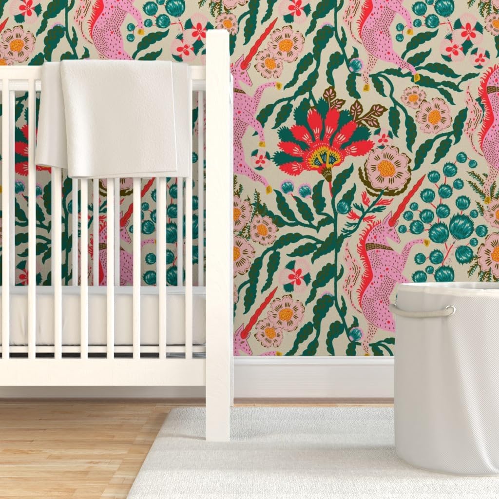Peel & Stick Wallpaper Swatch - Maximalist Floral Flowers Unicorns Leaves Pink Green Fantasy Colorful Jungle Custom Removable Wallpaper by Spoonflower