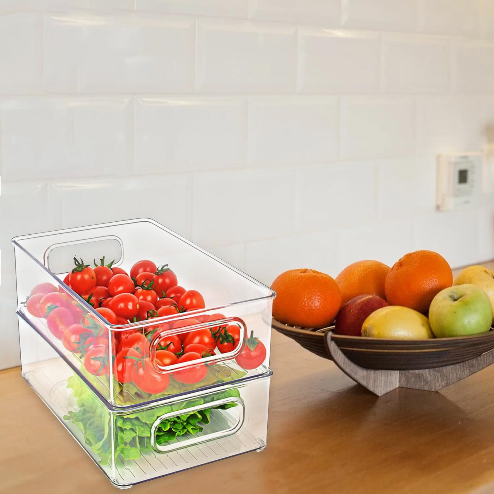 FUNSUEI Set di 6 organizer per frigorifero, 3 misure, contenitore per frigorifero, contenitore con manico, trasparente, organizer in plastica per la cucina