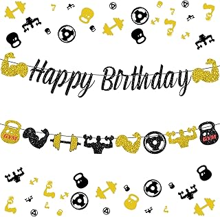 Gym Happy Birthday Banner Glitter Black and Gold Fitness Themed Birthday Banner for Men, Fitness Theme Birthday Decorations Weight Lifting Party Supplies