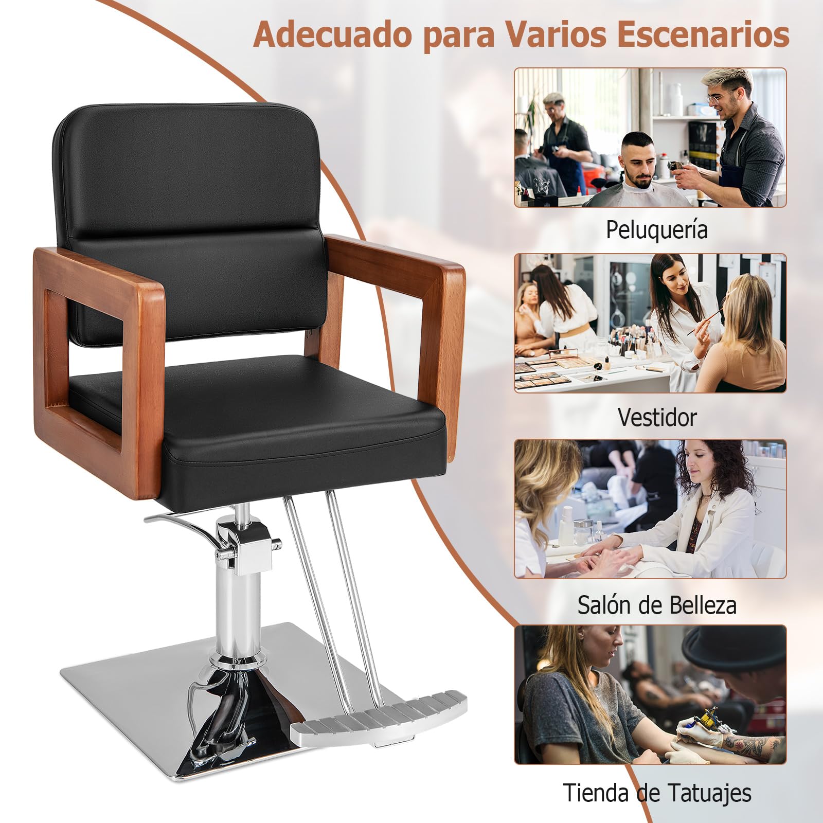 RELAX4LIFE Silla Peluquería con Altura Regulable y Giratoria 360°, Sillón Barbero con Bomba Hidráulica, Reposabrazos de Madera y Reposapiés para Salón de SPA y Belleza, Barbería, Carga 150kg