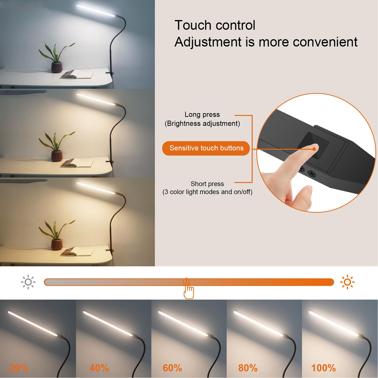 Lámpara de escritorio LED inteligente con atenuación continua, base y pinza, 3 temperaturas de color (3000K-6000K), luz con clip, plegable, con pinza para leer, ideal para el