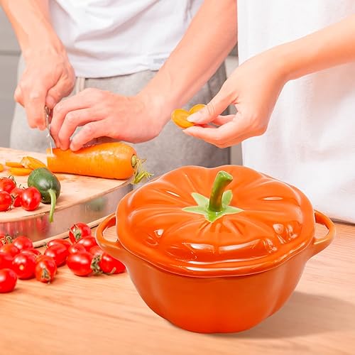 Miniatura 9 de NIKUJUGA Cuenco de cerámica con forma de calabaza de 13.5 fl oz13 oz con tapa, vajilla de Halloween para el día de Acción de Gracias, otoño,