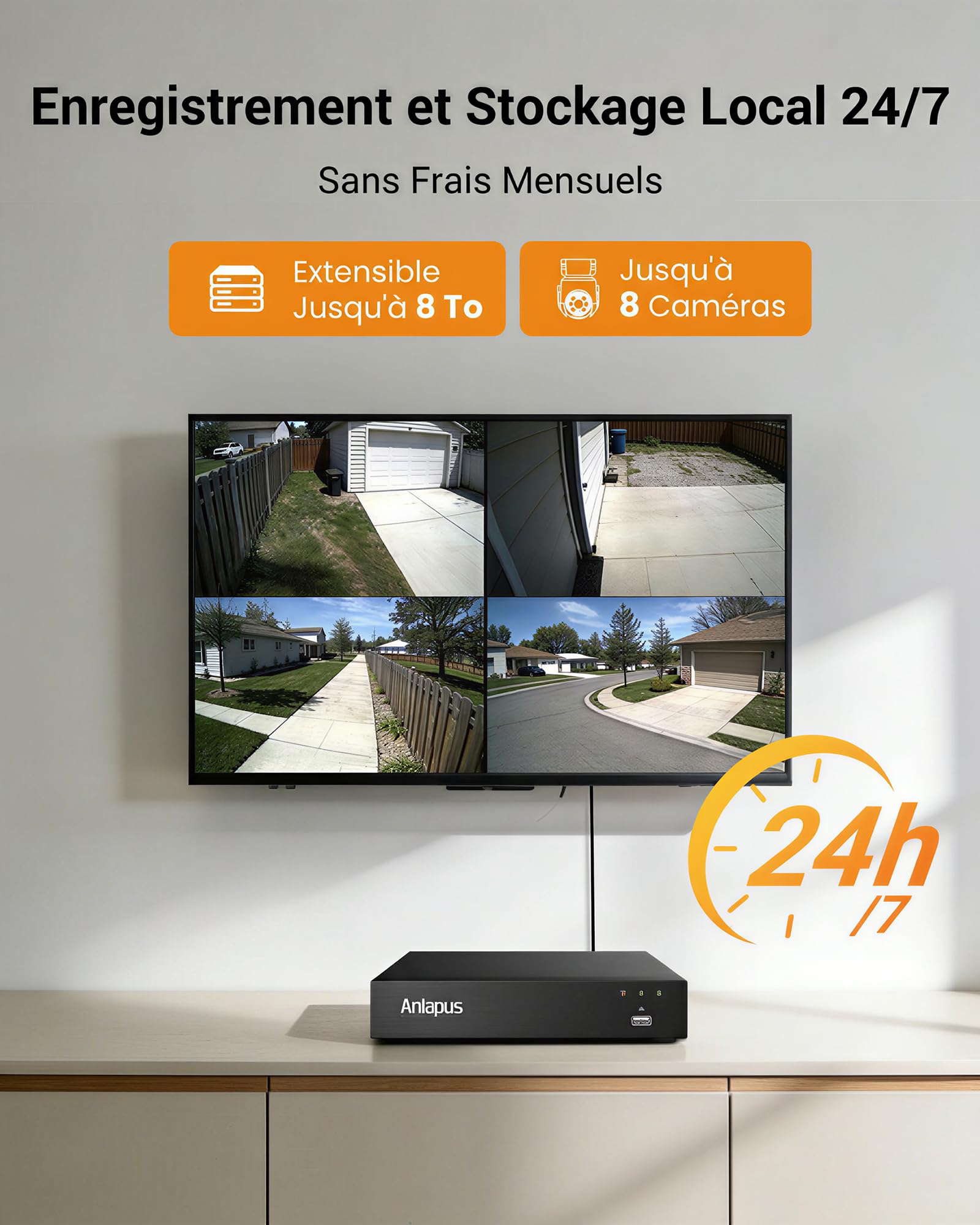 Anlapus 2MP PTZ Kit Caméra Surveillance avec Fil Extérieure DVR 8CH en 5MP | Détection Humain/Véhicule, Caméra Sécurité Rotation 360°, Enregistrement 24/7, Alerte Instantanée via APP gratuite