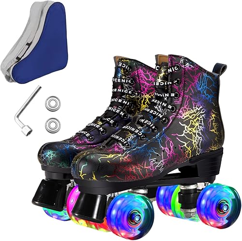 Miniatura 7 de Patines para hombres y mujeres, patines Derby negros con 4 ruedas brillantes, patines clásicos de doble fila para interiores y exteriores