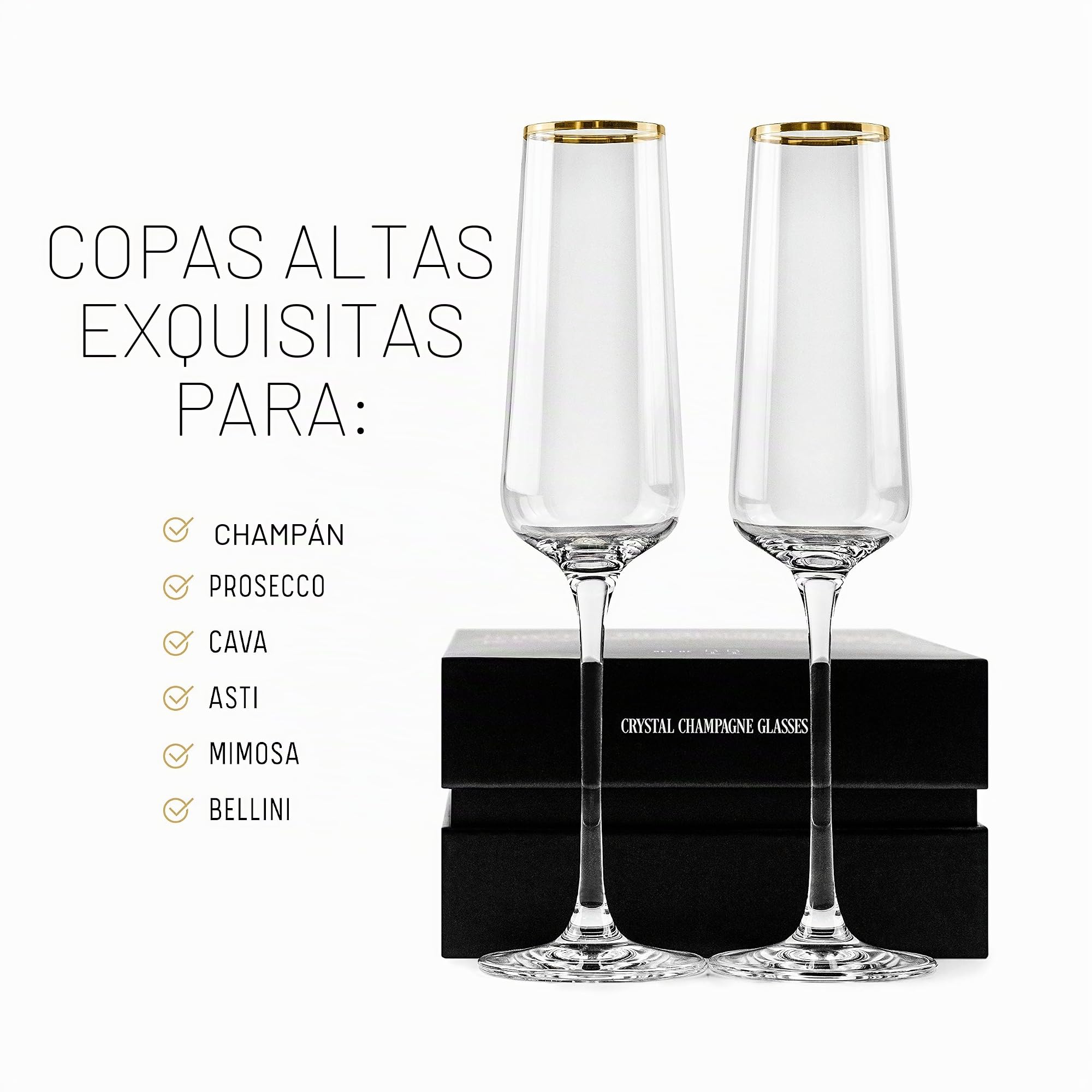 Copas de Champán con Borde Dorado para Regalo | Juego de 2 | Copas de Brindis de Cristal para Novios, Bodas, Aniversarios y Cumpleaños | Elegante Cristalería para Cava, Prosecco, Vino Espumoso