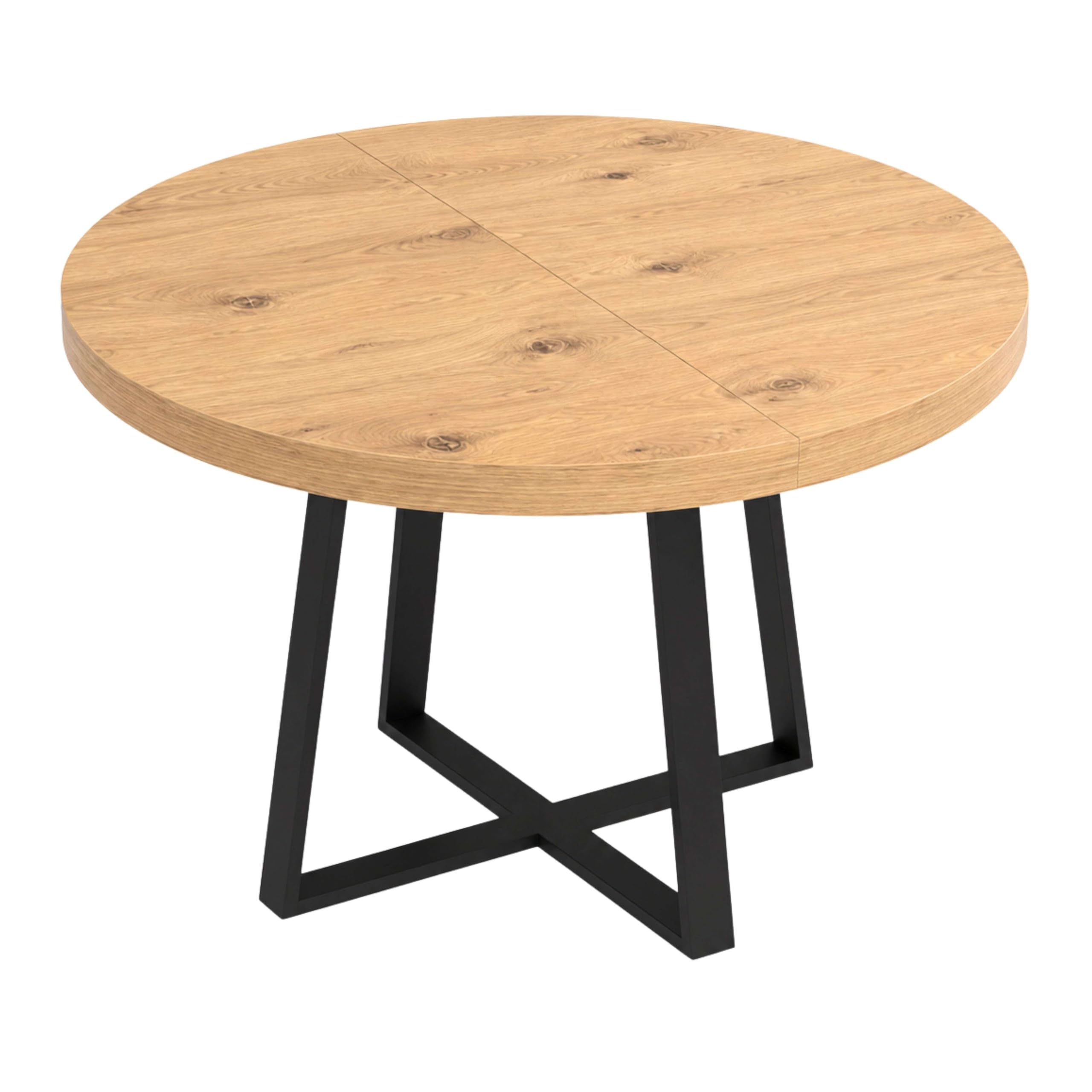 Miroytengo Mesa de Comedor Redonda Extensible, Mesa de Salón, Melamina Aduna, Roble y Negro 110x77x110-150 cm