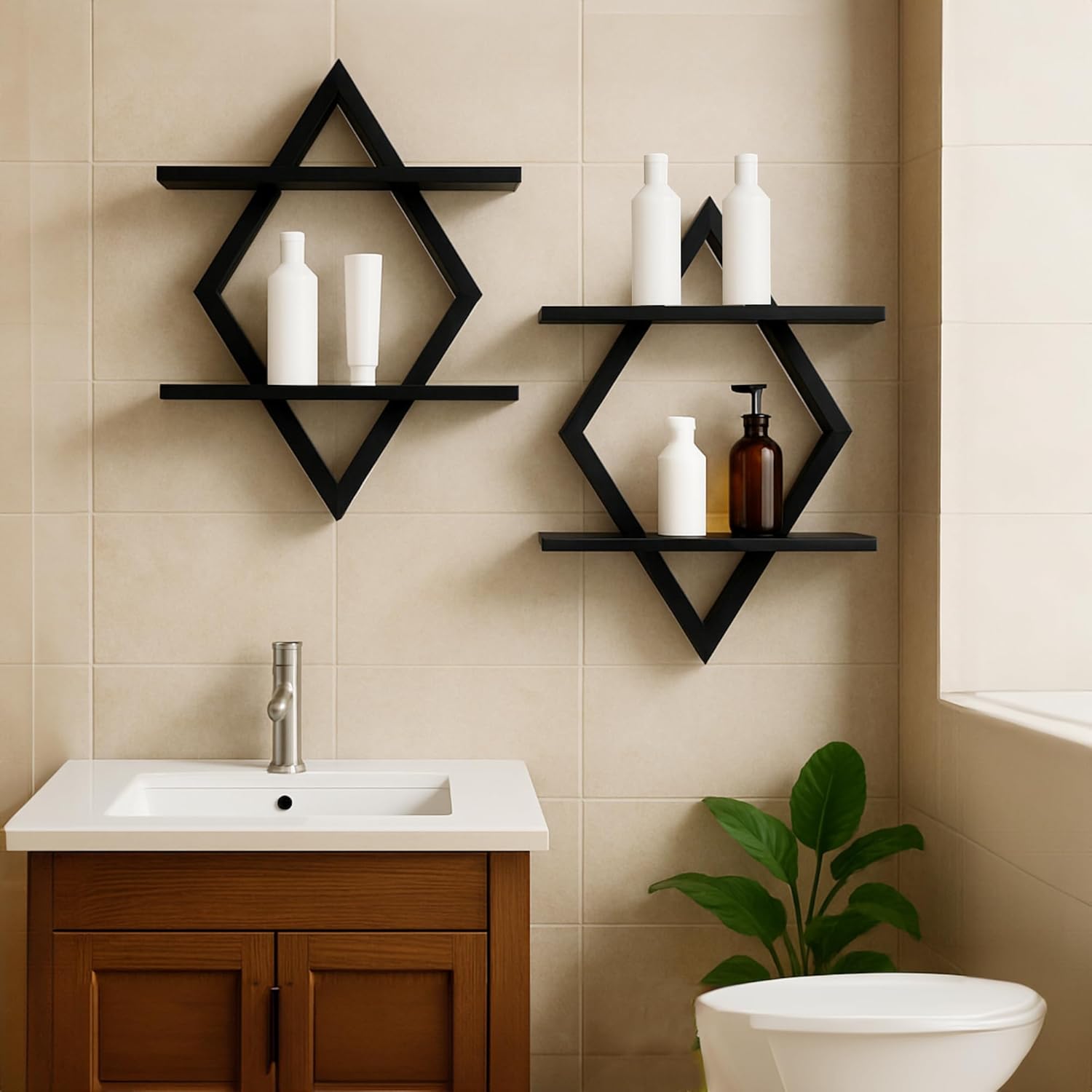 Floating Shelves for Wall,Decorative Wall Shelf,2 Tier Hanging Shelf for Plants Storage Display Holder,Indoor Decor for Living Room Home Office Bathroom Bedroom,Solid Wood,Diamond Shaped,2 Pack,Black