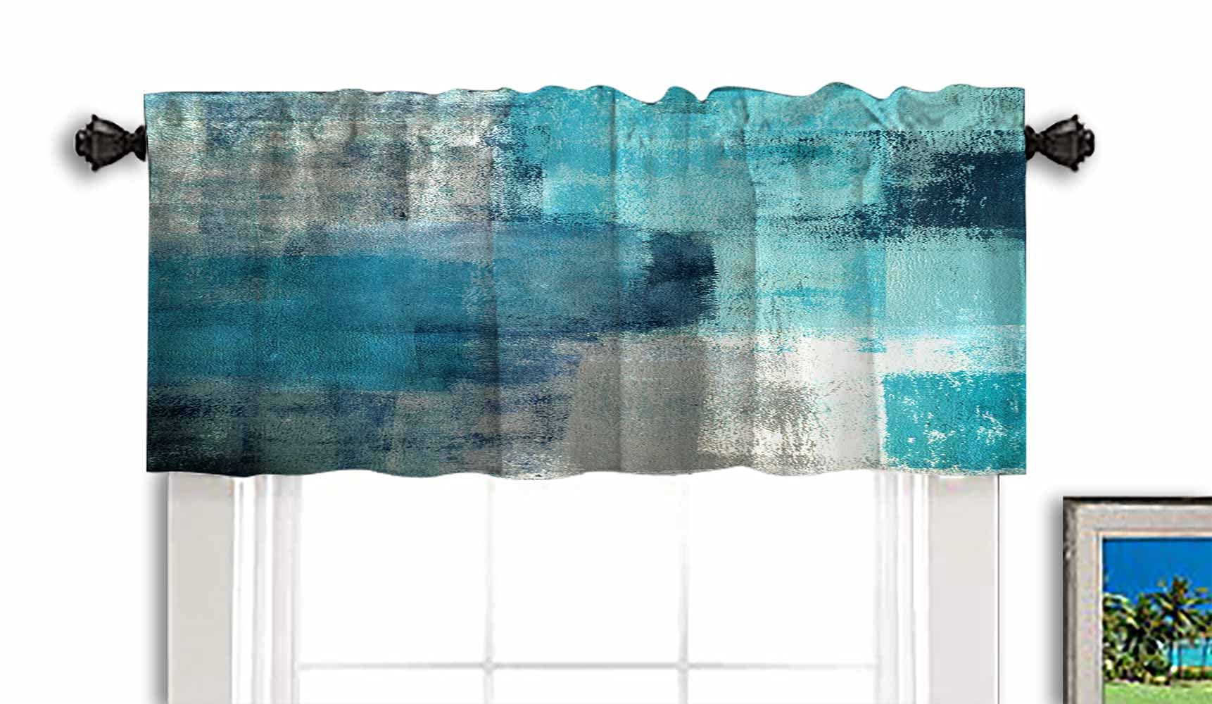 TOMWISH Turquoise Window Treatment Valance Turquoise Grey Abstract Art Painting Blue Valances for Windows for Kitchen Windows,Bathroom,Living Room,Bedroom Privacy Decorative,52X18 Inches