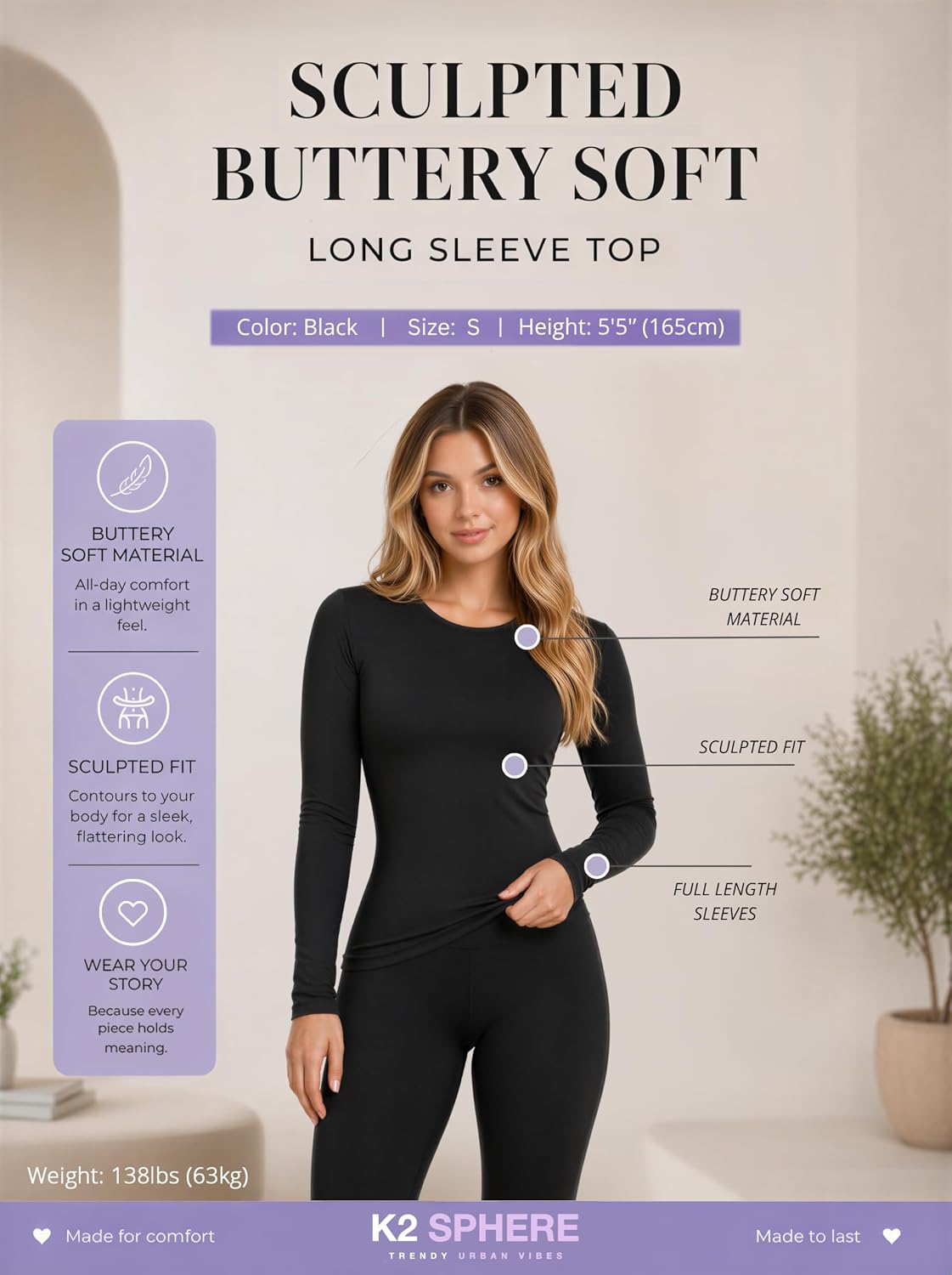 Women's Sculpted Buttery Soft Long Sleeve Top, Fitted Y2K Crewneck, Effortless Lightweight Tight-Fit Active Shirt