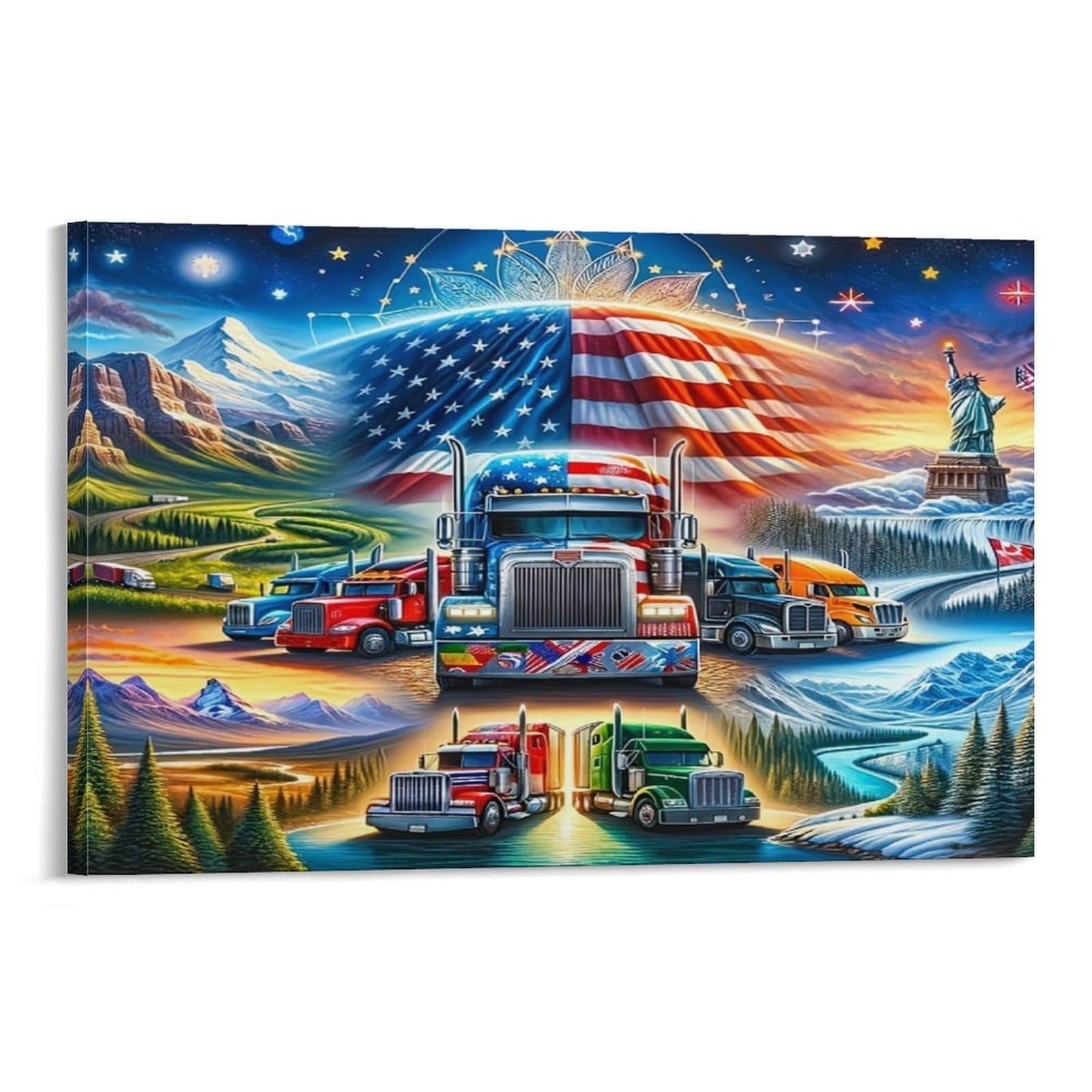 CPLVKWRQJ American Truck Adventure Individual Patriotic Truck Fleet Illustration Wall Art Decor - Kitchen Canvas Wall Decor Removable Multi-Purpose Focal Point 16x24inch(40x60cm)
