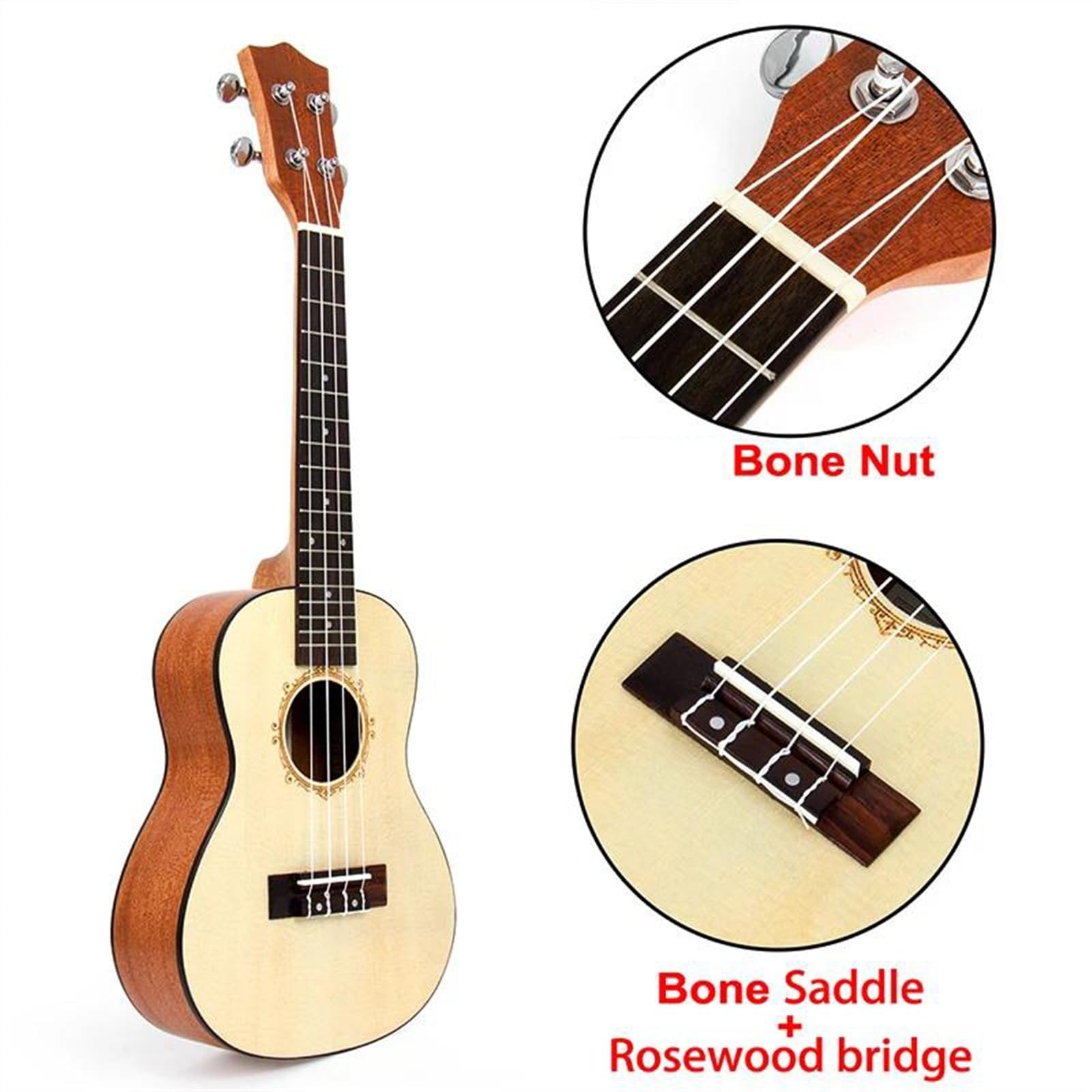 23-Zoll-Konzert-Ukulele, Massive Fichten-Ukelele-Gitarre Mit Ukelele-Gurt, Stimmgerät, Saite Und Tasche Ukulele für Anfänger