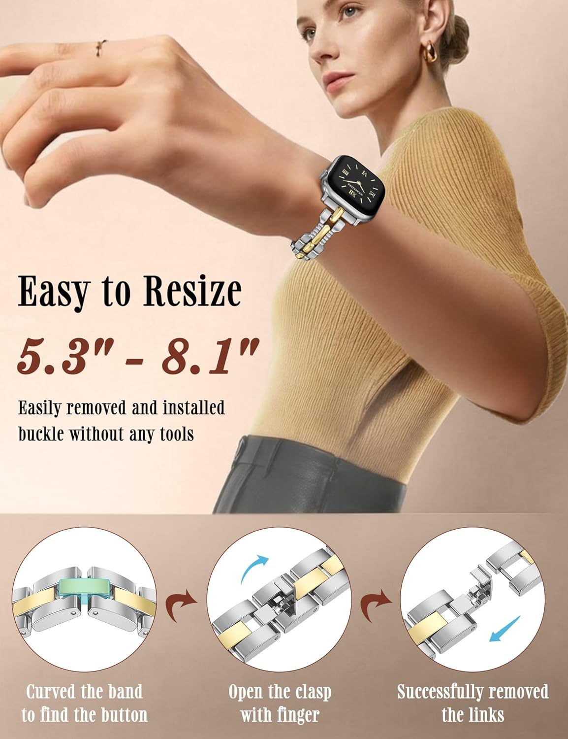 Wearlizer Slim Metal Band Compatible with Apple Watch Bands 42/46/38/40/41/44/45/49mm Women, Thin Dressy Stainless Steel Strap Designer Bracelet for iWatch Series 11 10 9 8 7 6 5 4 SE/Ultra 3 2 1