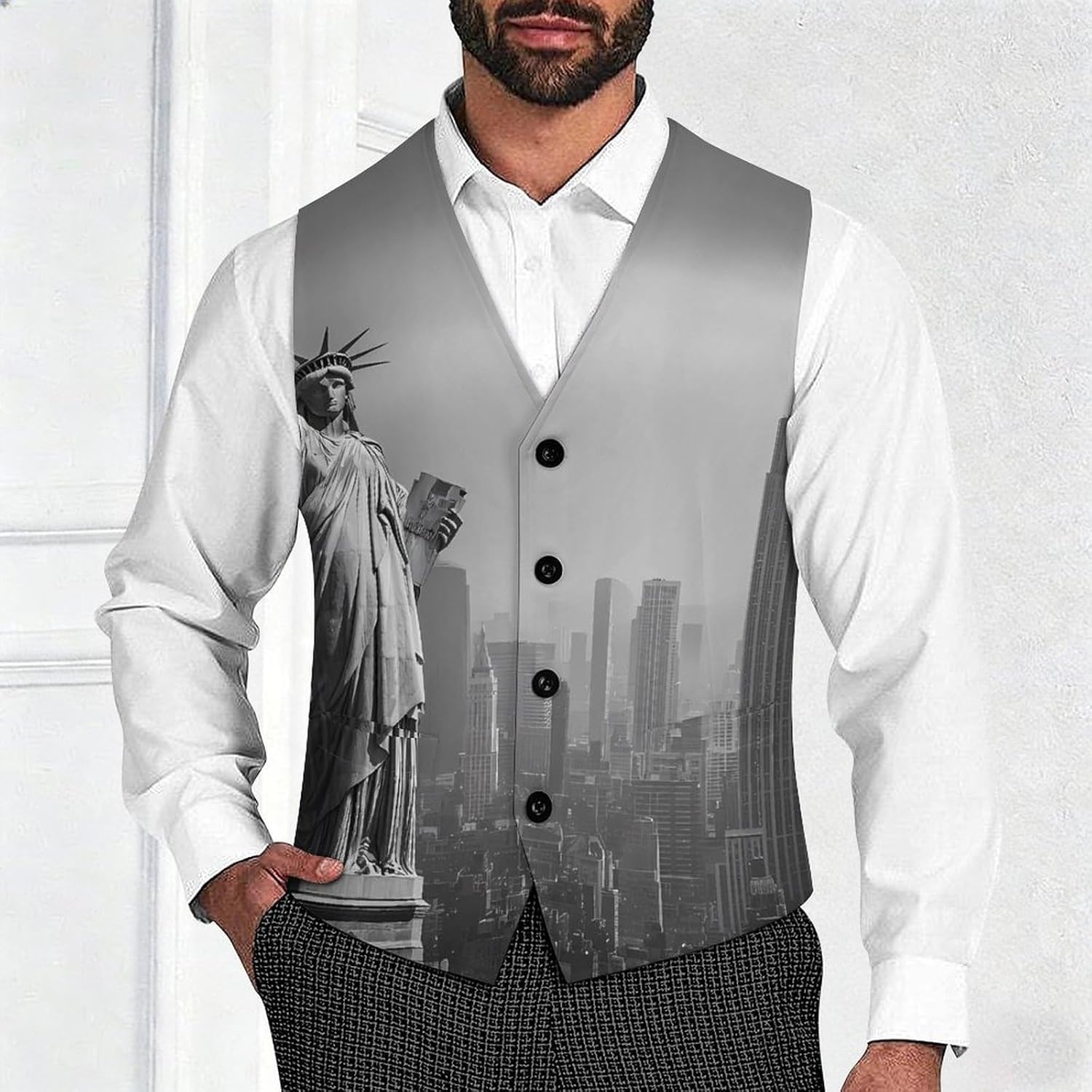 Black And White New York City Men's Suit Vest Formal Vests Casual Dress Fit Waistcoat Casual Tuxedo for Business