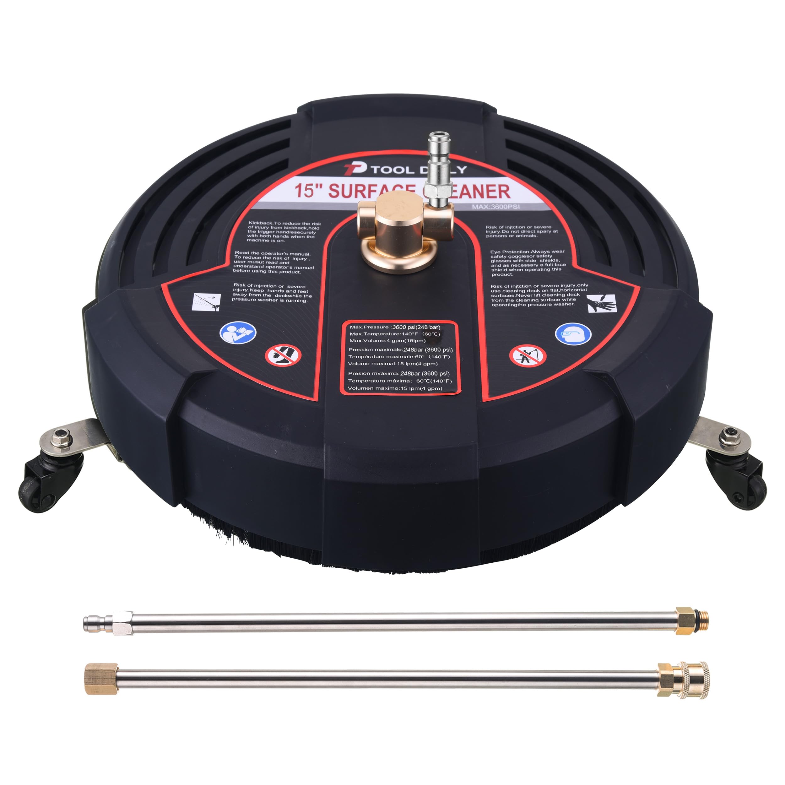 Tool Daily 15 Inch Pressure Washer Surface Cleaner Attachment with Wheels, with 2 Power Washer Extension Wands and 2 Replacement Nozzles, 3600 PSI