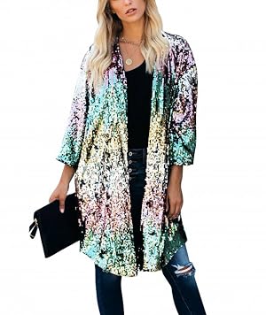 SEMATOMALA Womens Sequin Open Front Long Blazer 3 4 Sleeve Sparkly Duster Cardigans Glitter Shiny Party Festival Outfits