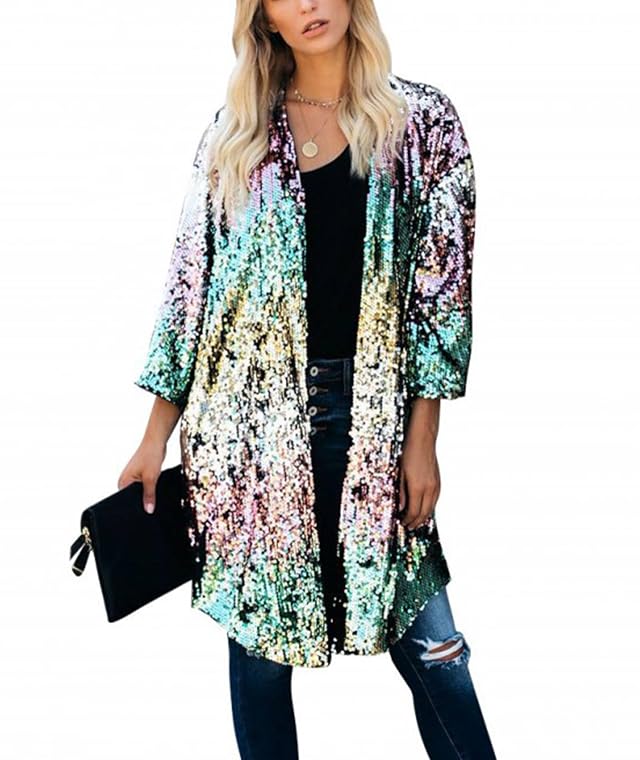 SEMATOMALA Womens Sequin Open Front Long Blazer 3 4 Sleeve Sparkly Duster Cardigans Glitter Shiny Party Festival Outfits