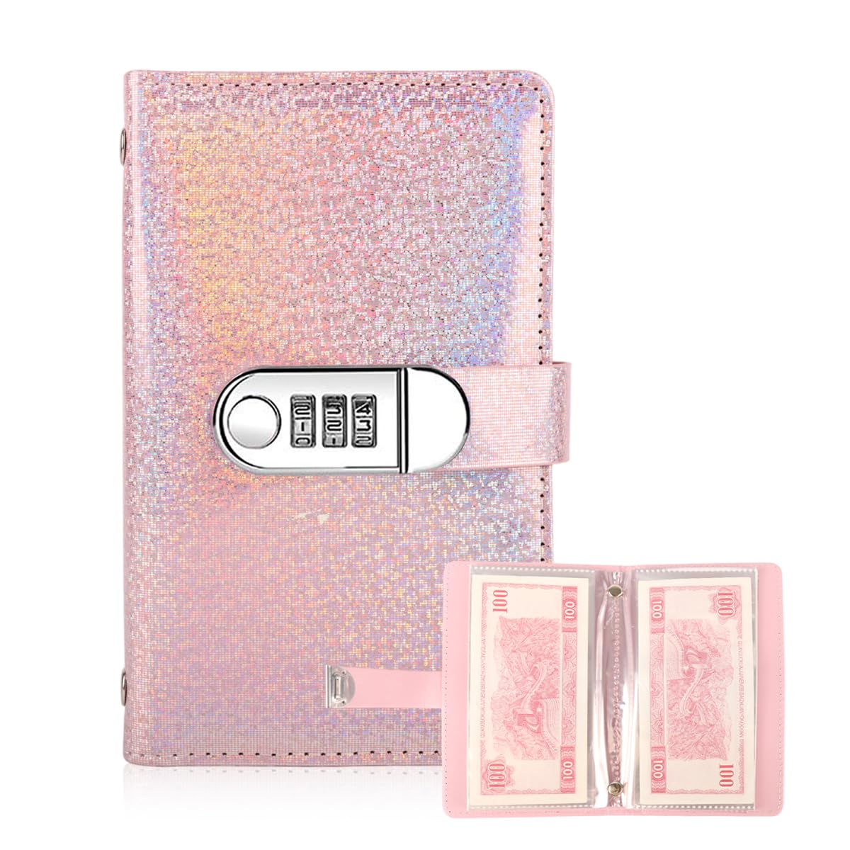 Climberty® Money Saving Book with Lock, 100 Clear Case Pockets, Glittering Pink PU Cover Budget Planner, Cash Envelope Organizer for Saving Challenge & Expense Tracking-image-31