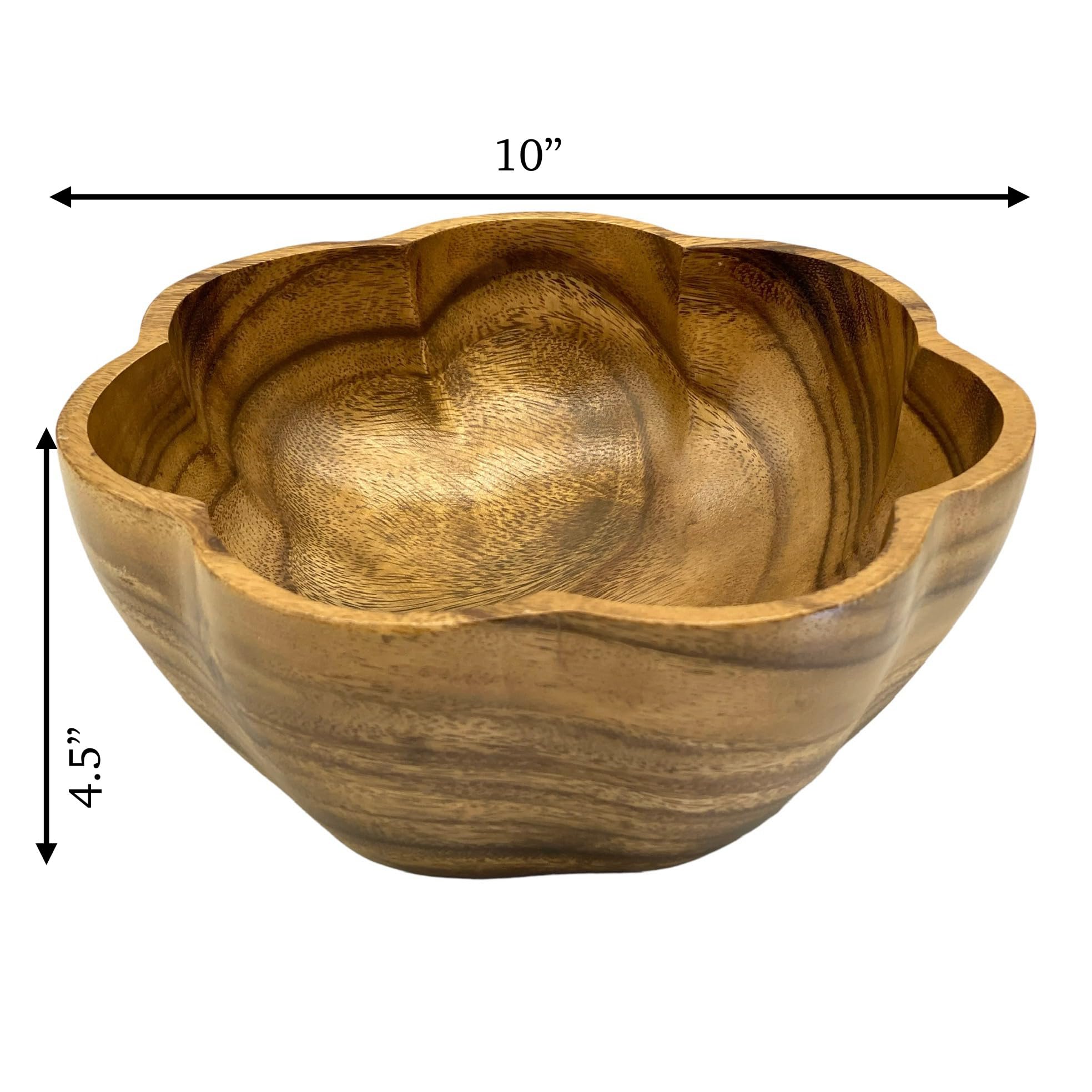 Cuenco redondo de madera para servir, para alimentos, ensaladas, frutas, exhibición decorativa, acacia tallada a mano, forma única de vieira, para la mesa de comedor y la cocina, 10 x 4.5
