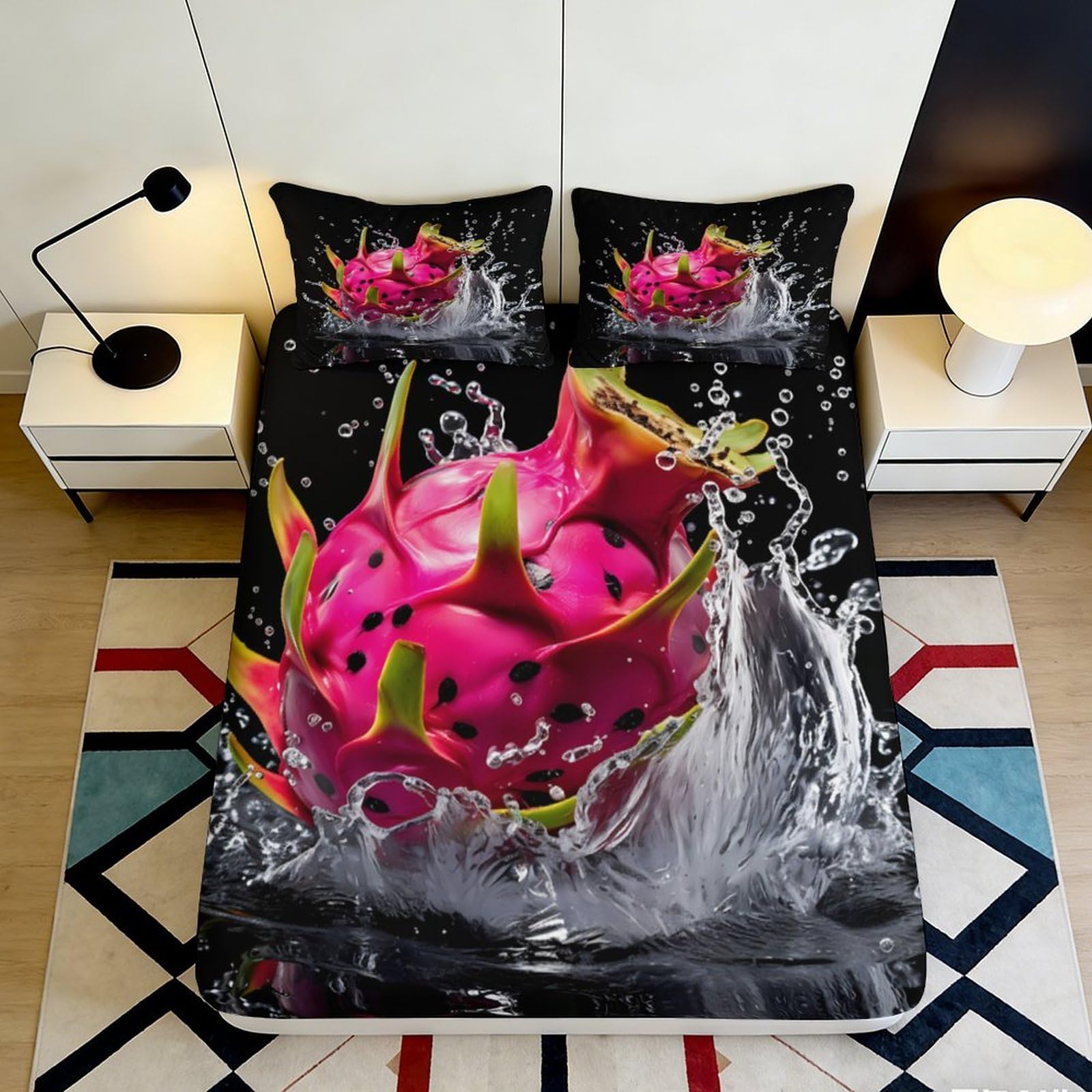 3D Printed Dragon Fruit Fitted Sheet Microfiber Soft Breathable Splash Mattress Cover for Bedroom Dormitory Guest Room Protection Decor 180x200x25cm