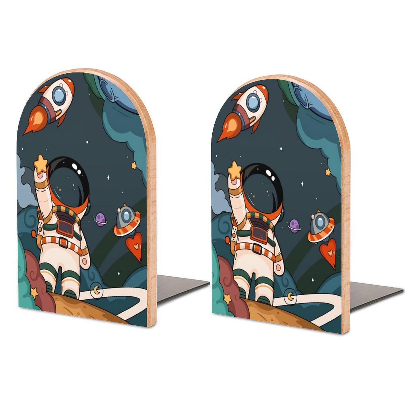 Astronaut Solid Beech Wood Bookends, Decorative Book Ends for Shelves, Non-Skid Desktop Book Organizer for Home Office, Library Decor (1 Pair, 4.7" X 6.7")