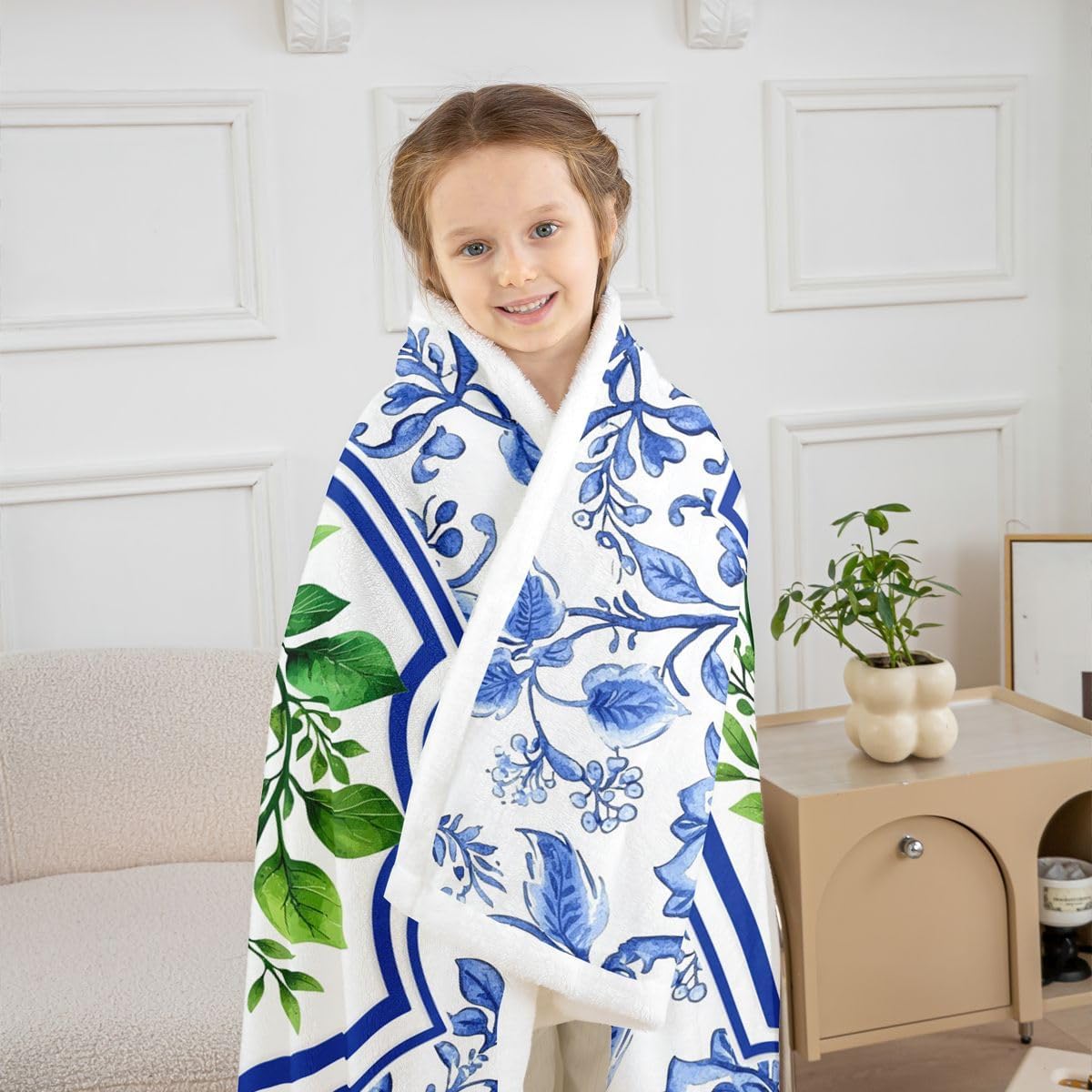 Blue Floral Throw Blanket Monogram Letter I Fleece Blanket Pink Bow Green Leaves Alphabet Cozy Throws for Bed Couch Sofa,Kids Boys Girls Room Decor,Soft and Breathable(40 x 50 Inches) image 3