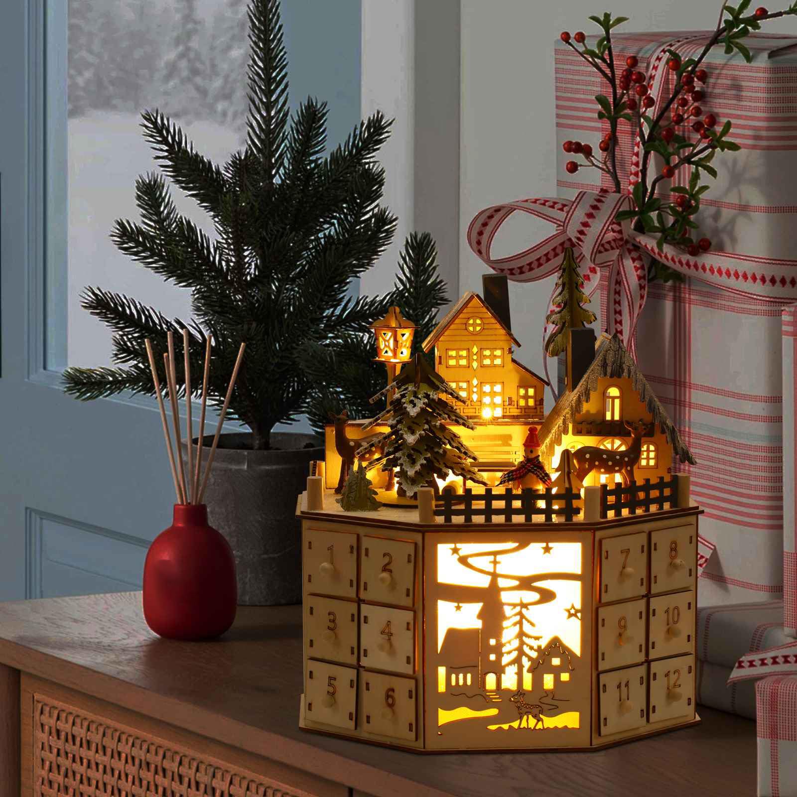 Adventskalender aus Holz, Weihnachts-Adventskalender mit Musik, elegante Weihnachtsdekoration – ein unvergessliches Geschenk für Büros und Häuser (gelb)
