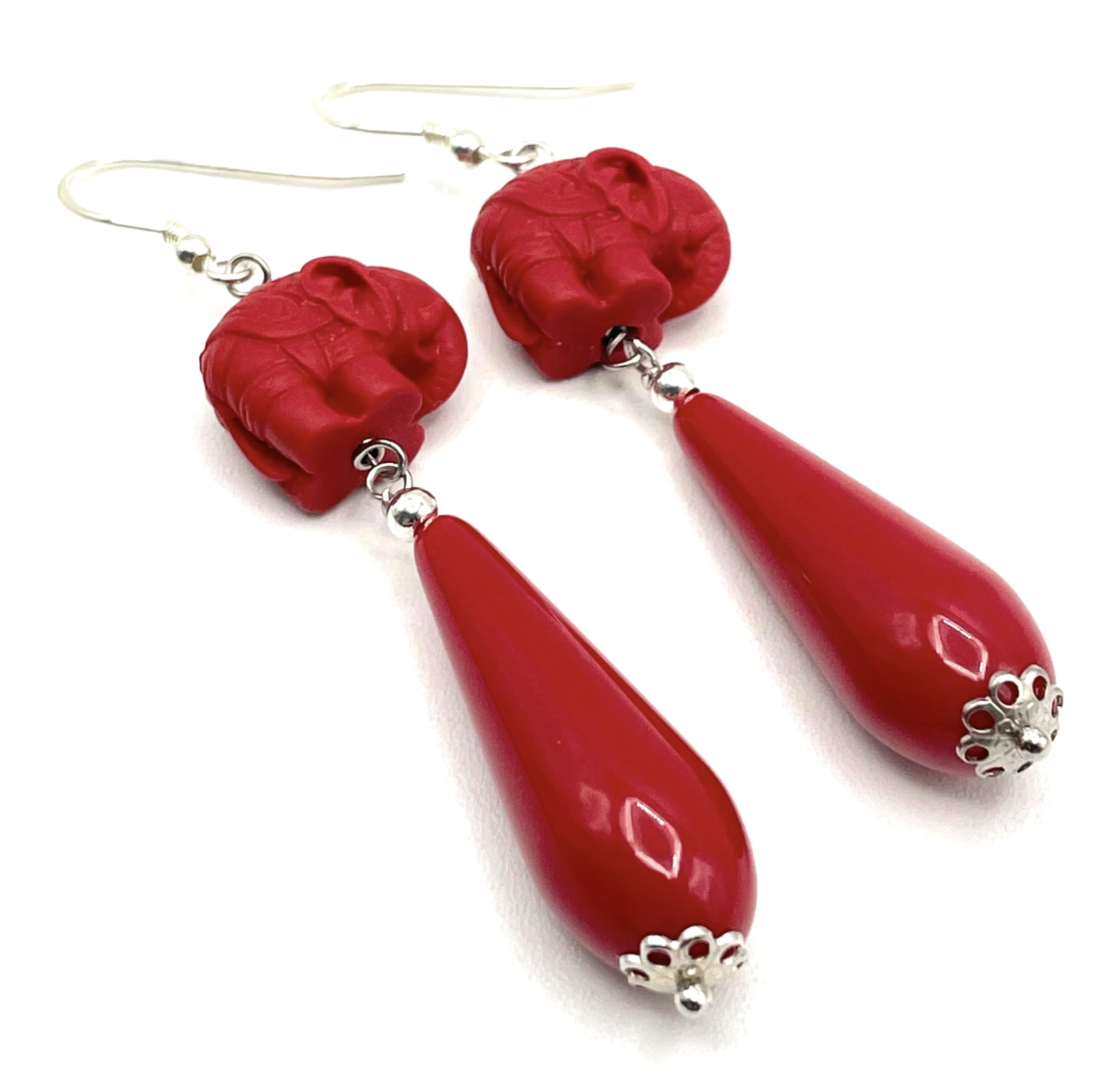 Orecchini con Elefanti in Lacca e Gocce Rosse, Pendenti in Argento 925, Gioielli Orientali, Bijoux Moderni, Regalo per Lei