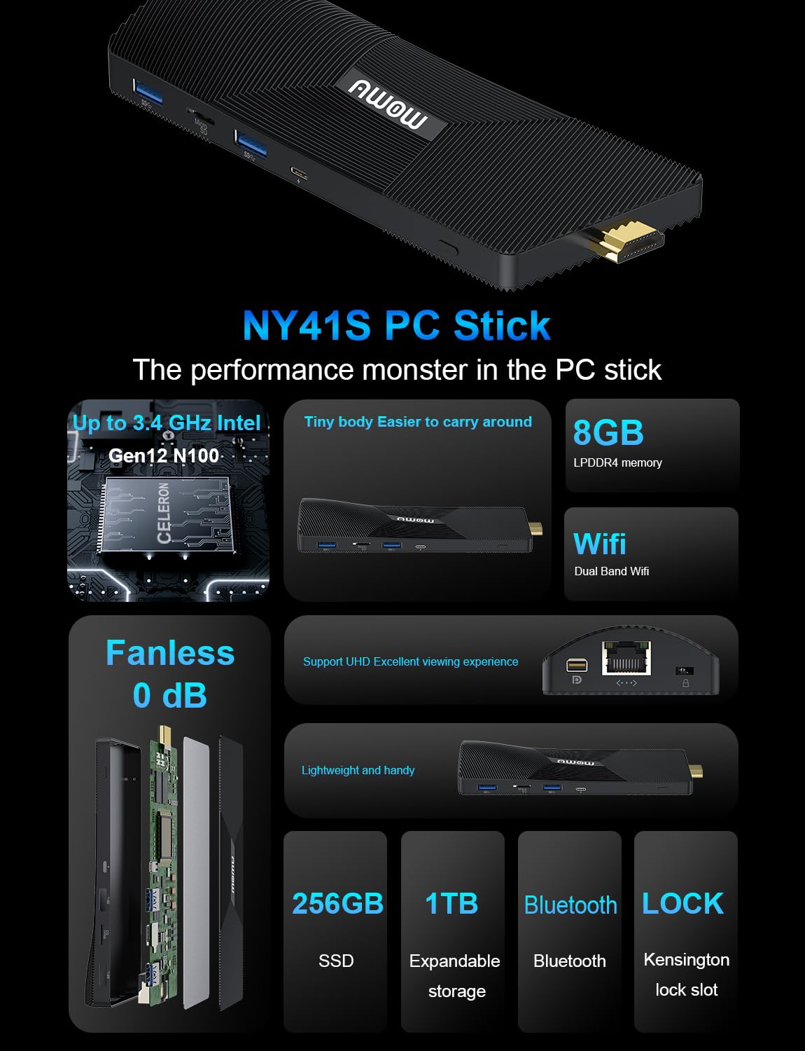 AWOW Fanless Mini PC Stick N100 Windows 11 Pro 8GB RAM 256GB ROM