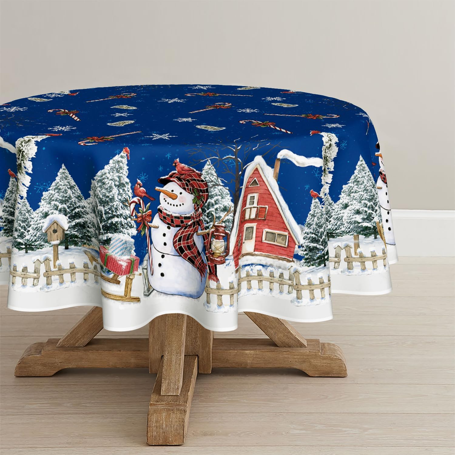 Artoid Mode Blue Snowman Pine Trees Christmas Table Cloth Round 140 cm