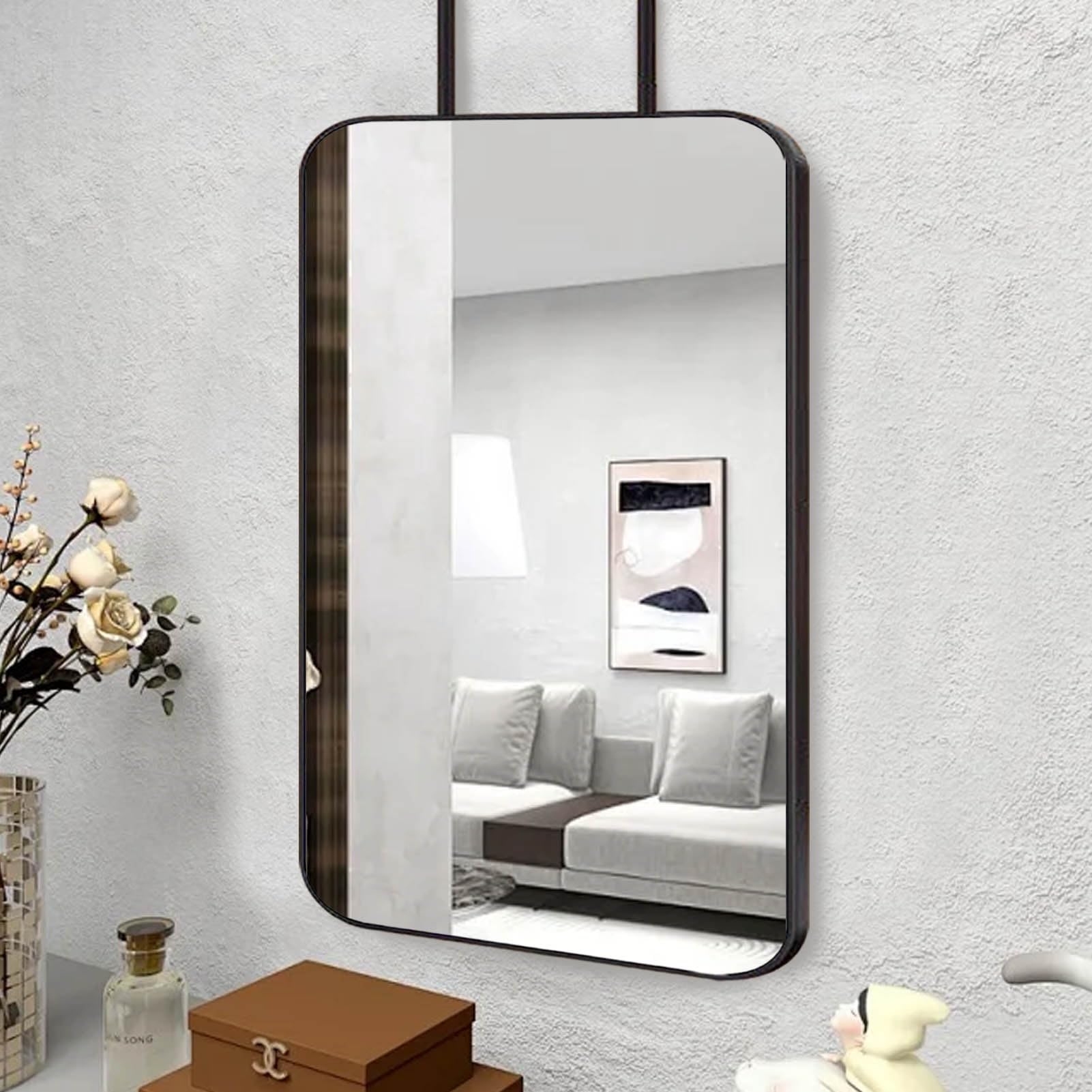 SXFSDOU Black Rectangle Wall Mounted Mirror Bathroom Bedroom Hallway Mirrors with Metal Frame and Double Rods Floating Makeup - Customizable(50cmx70cm)