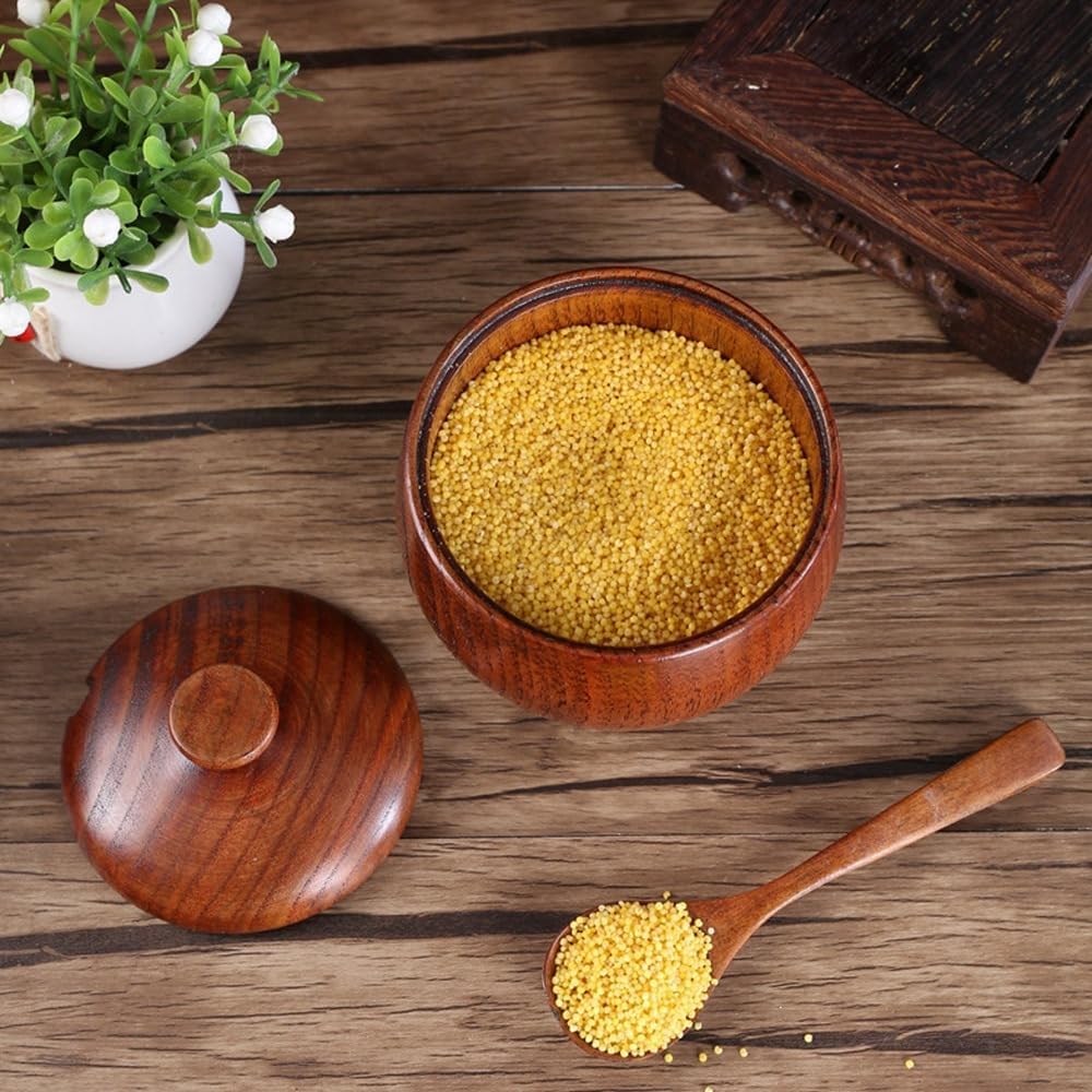 2Pcs Wooden Seasoning Jars with Lid and Spoons - Retro Condiment Containers for Kitchen Countertop Storage 6x9cm