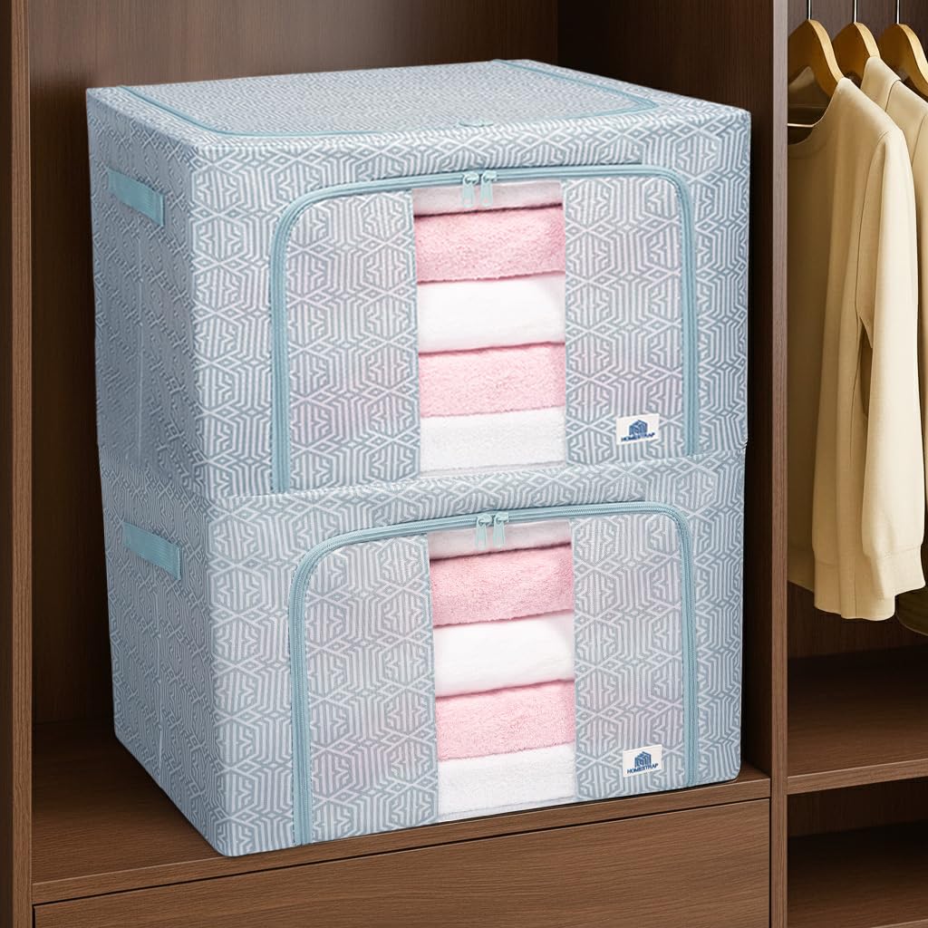 HomeStrap 66L Foldable Living Box | Spacious Organizer | Durable Oxford Fabric with Steel Frame, Zipper & Handles | Perfect for Quilts, Clothes, Books, Bedding (Pack of 2)