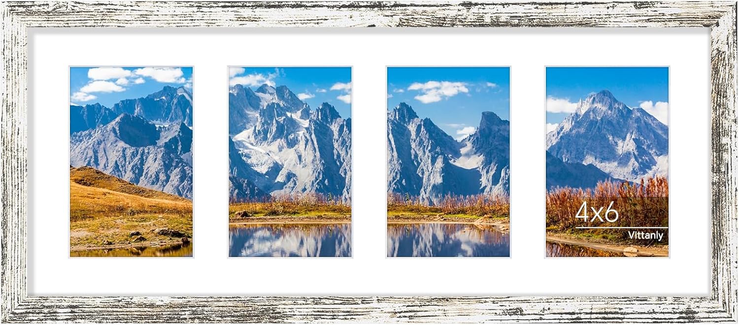 Vittanly 8x20 Collage Picture Frame, Displays 4Pcs 4x6 Pictures with Mat or 1Pcs 8x20 without Mat, Picture Frames Collage Wall Decor for Horizontal or Vertical Display, Distressed White, 1 Pack