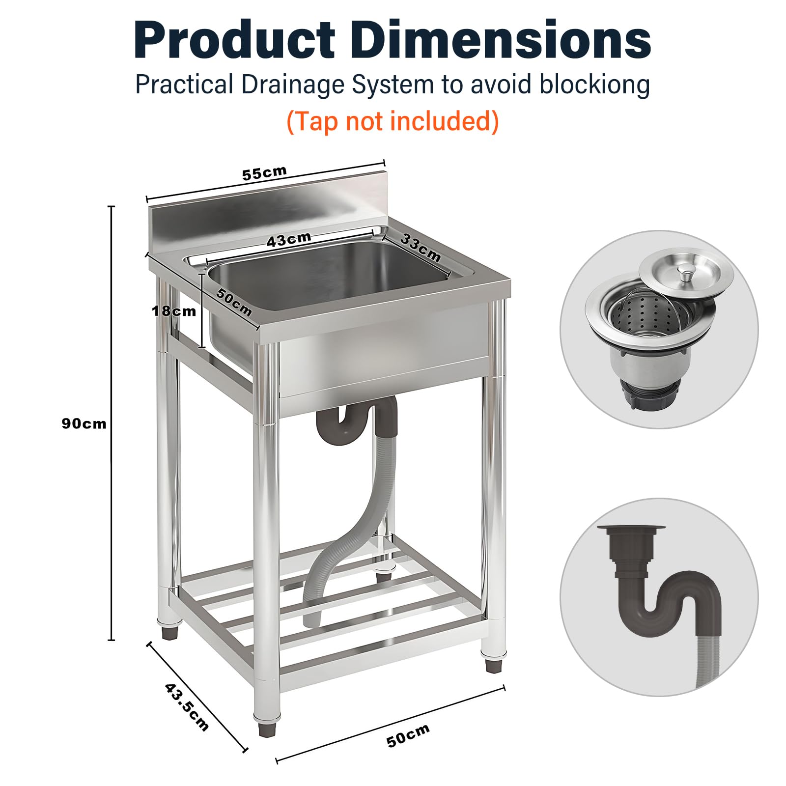 Lavello da cucina in acciaio inox, per ristorante, con scarico e ripiano portaoggetti, lavello per catering con foro per rubinetto, lavello da esterno autoportante per cucina (senza rubinetto)