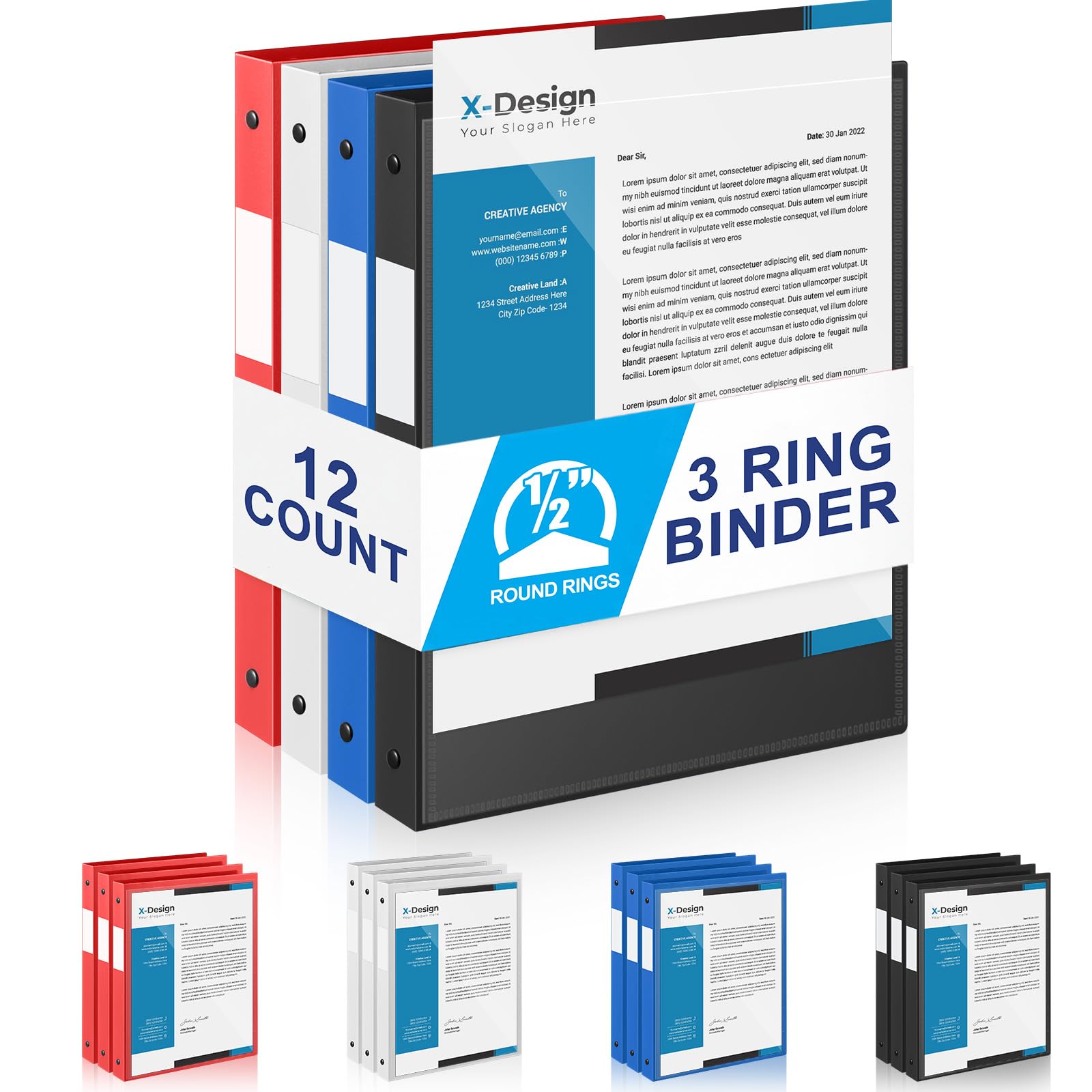 Henoyso 12 Pack 1/2 Inch 3 Ring Binder with Clear Cover Fit Letter Size 8.5" x 11" Paper Holds 140 Sheets, Bulk Binders for Organizing School, Office &amp; Classroom Documents, 1 Pocket (Classic Colors)