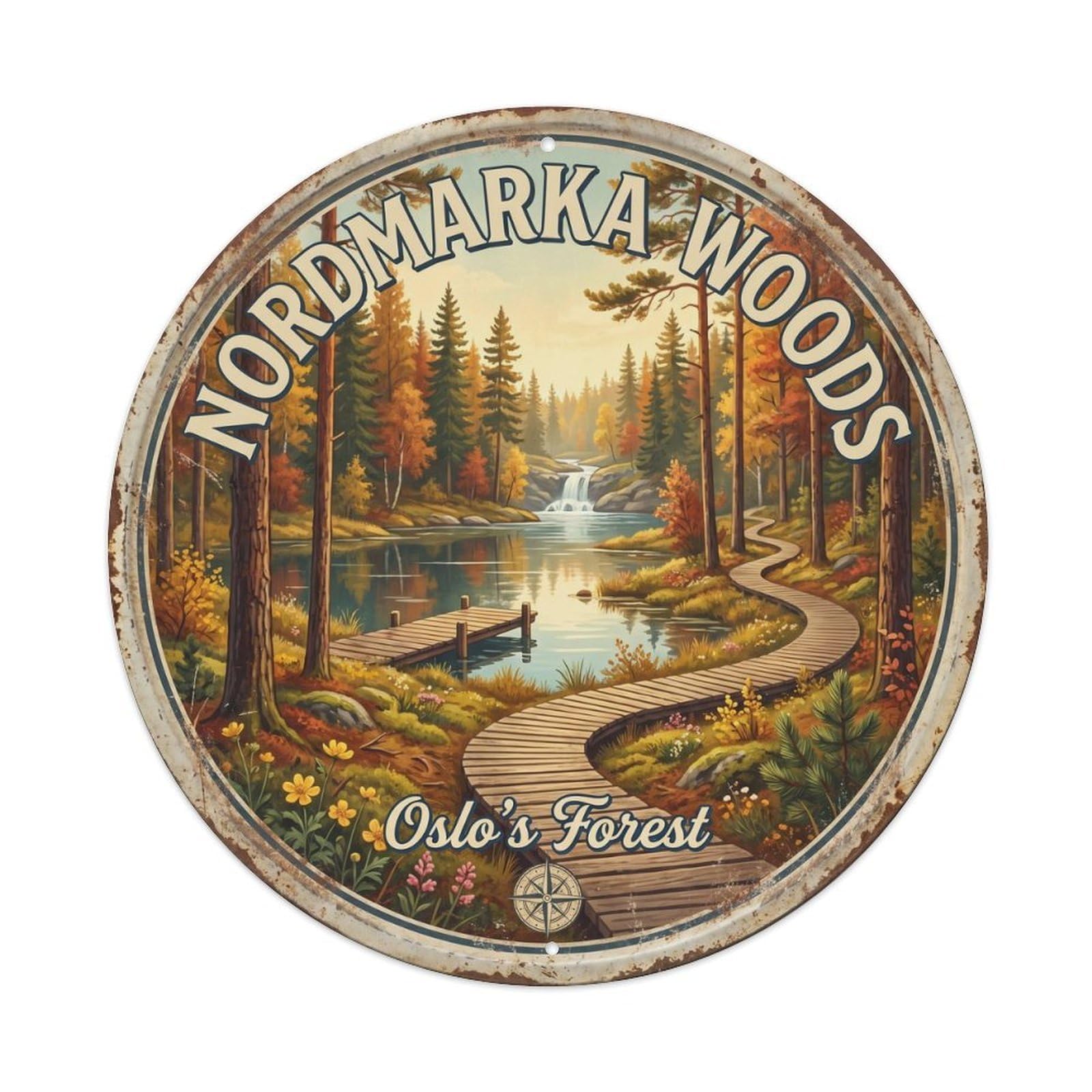 Vintage Travel Nordmarka Forest Norway Woodland Metal Tin Sign Plaque Wall Decor for Cafe, Club, Garden Round Metal Poster 8x8Inch