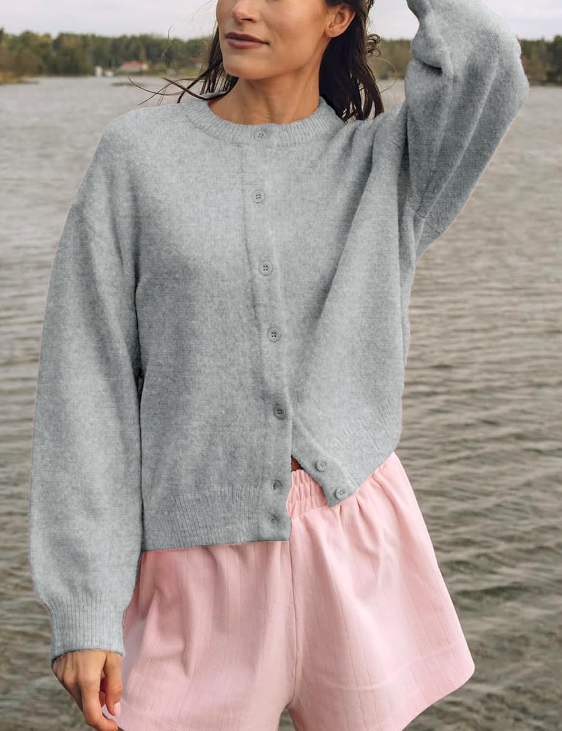 Wyeysyt Women Cardigan Sweater Button Down Long Sleeve Crewneck Soft Knit Sweater Fall Open Front Loose Casual Cardigan - Image 2