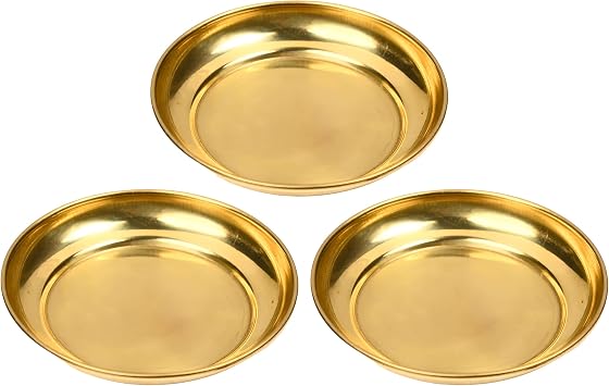 Aditri Creation Set of 3 Small Decorative Brass Plate, New Year Pooja Festival Decorations Indian Traditional Prasad Plate Katori for Pooja Pooja Utensils Item Articles Size 4" Diameter