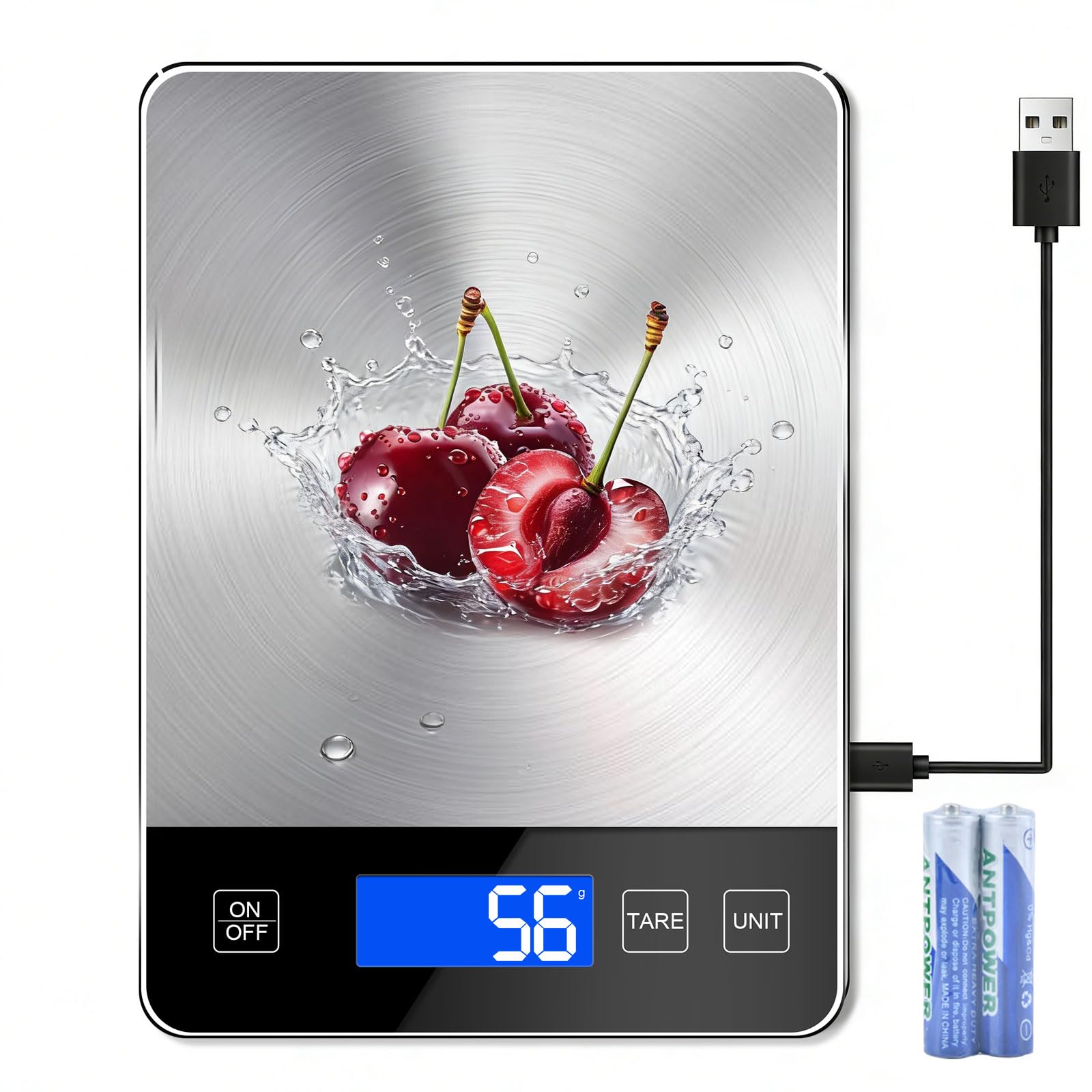 Digitale Küchenwaage, 15 kg, misst präzise Gramm und Unzen zum Backen, Kochen und Vorbereiten von Mahlzeiten, wiederaufladbarer 304 Edelstahl mit LCD-Display, Batterien und USB-Ladegerät im