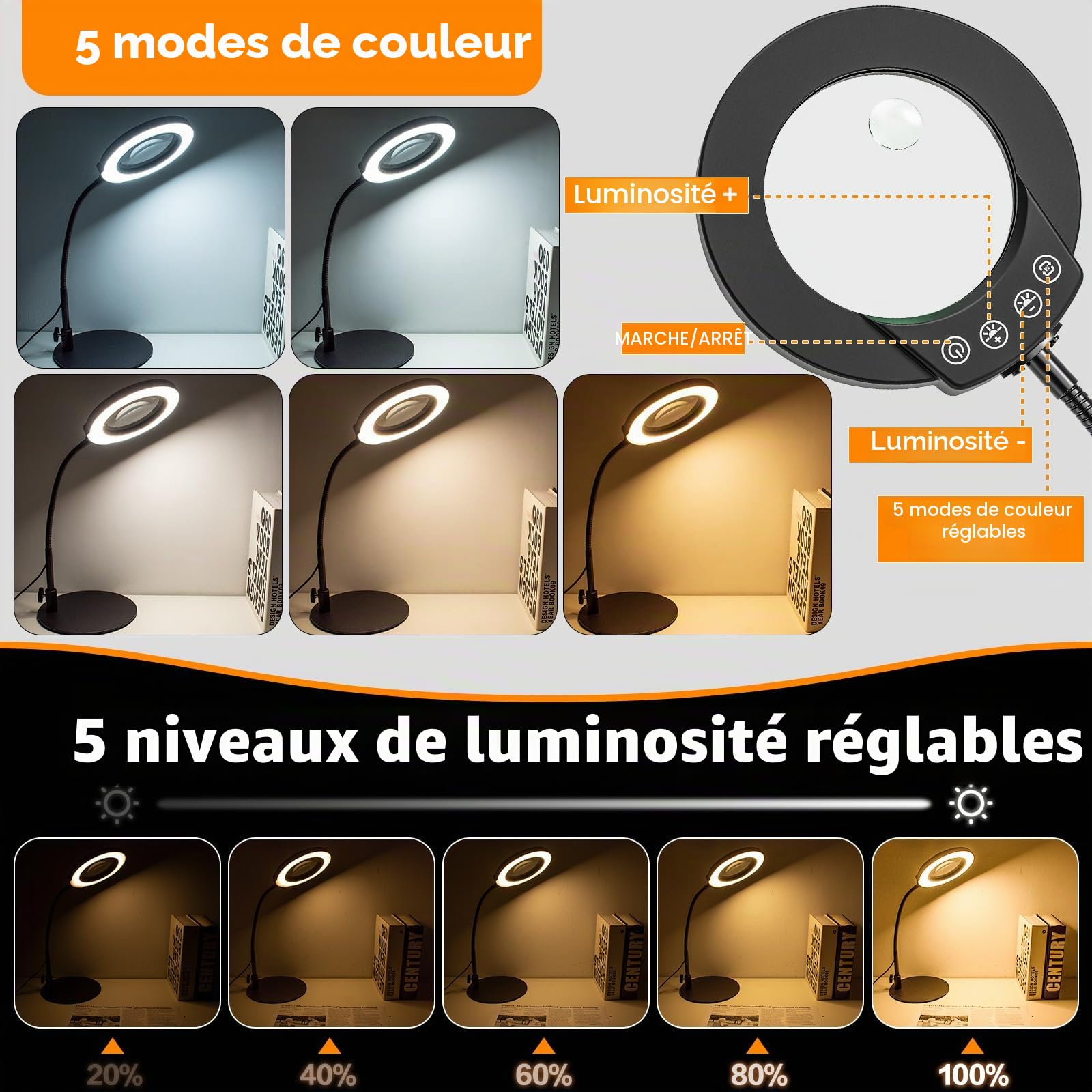Loupe à Col de Cygne 15X 10X Lampe Loupe de Bureau LED avec Pince et Base 5 Modes de Couleurs