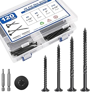 120Pcs Deck Screws, #8#10 Wood Screws Assortment Kit, 4Sizes Screws Set 1-1/2", 2", 2-1/2", 3", Rust Resistant Torx Screws with Flat Head, Black Screw Kit for Woodworking Projects, Star Bit Included
