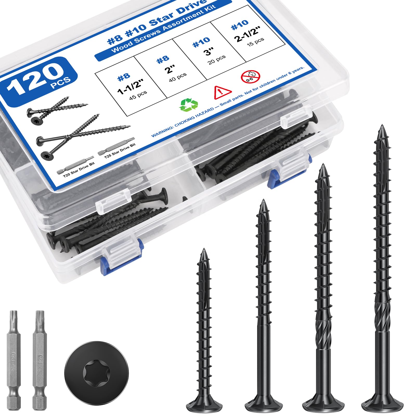 Photo 1 of 120Pcs Deck Screws, #8#10 Wood Screws Assortment Kit, 4Sizes Screws Set 1-1/2", 2", 2-1/2", 3", Rust Resistant Torx Screws with Flat Head, Black Screw Kit for Woodworking Projects, Star Bit Included
