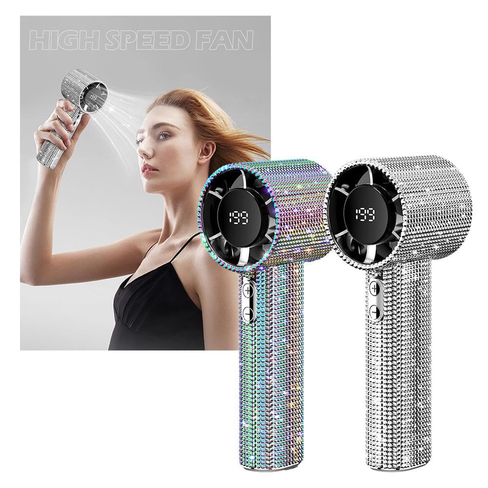 Full Diamond, ventilatore portatile portatile turbo, con strass, mini ventola di raffreddamento personale, ricaricabile con display digitale, per casa, ufficio, viaggi, attività all'aperto